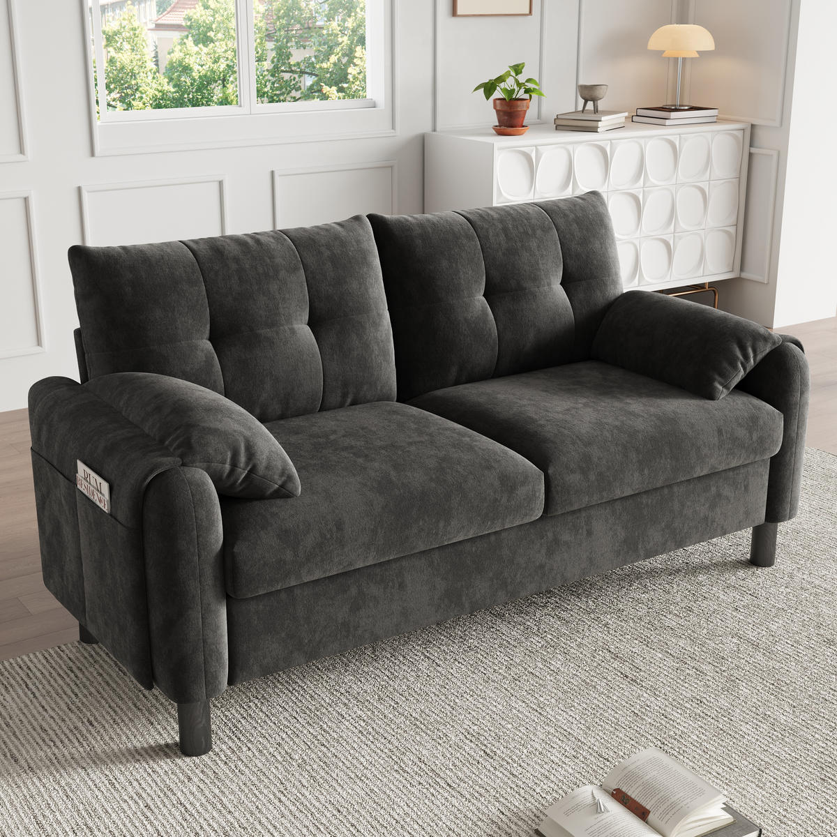 2-SITZER SOFA Chenille Grau mit Kissen und Seitentaschen - Grau, Holzwerkstoff/Kunststoff (158/88.5/80cm) - WISHDOR