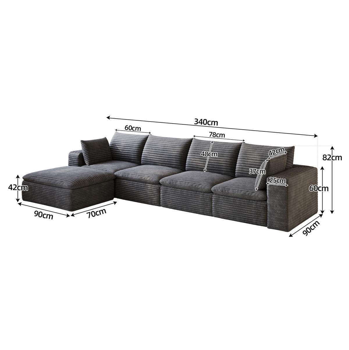ECKSOFA aus Stoff 340 cm Dunkelgrau mit flexiblem Aufbau und Schaumstoffkern - Dunkelgrau, Textil (340/160cm) - Modfu