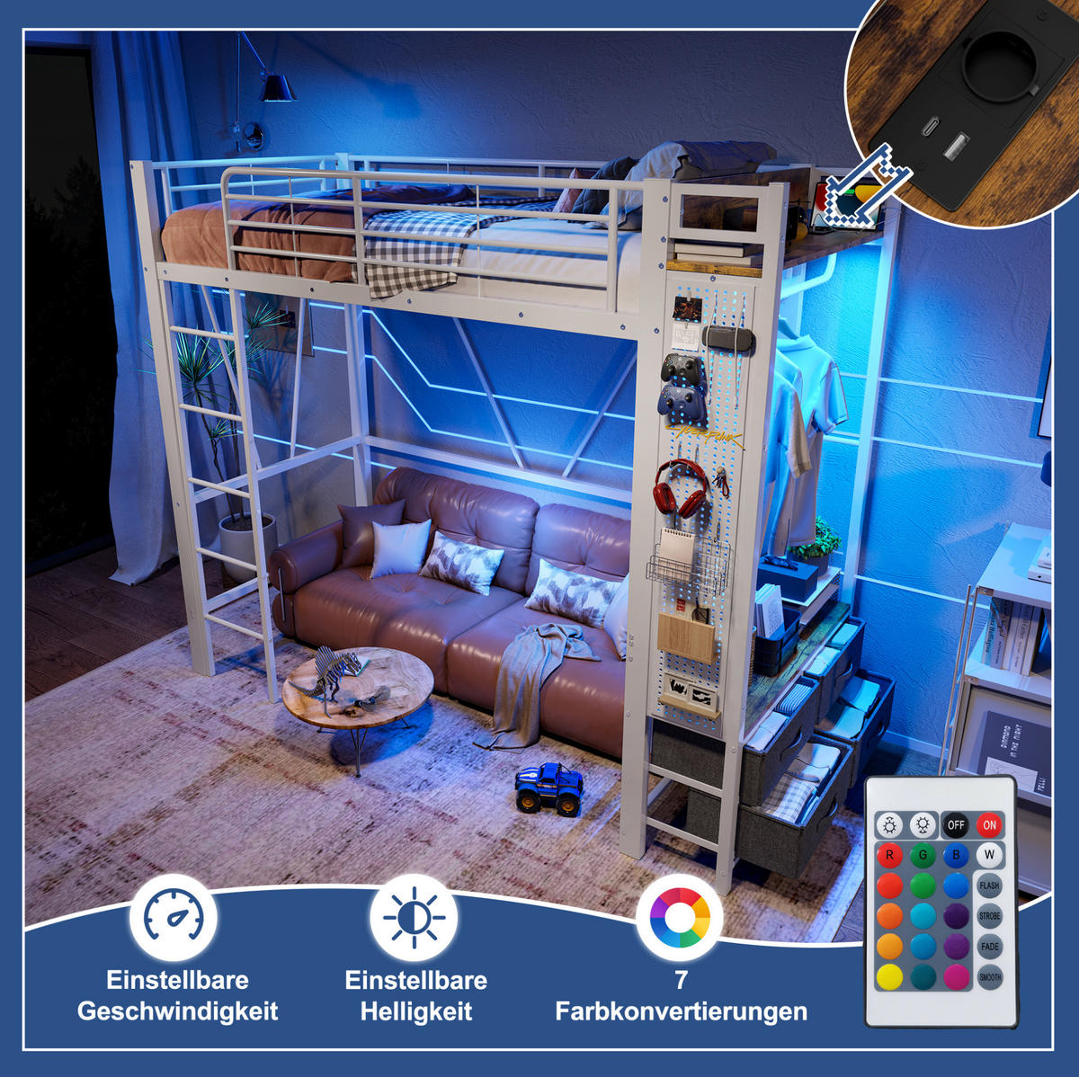 HOCHBETT 90/200 cm in Weiß mit LED-Beleuchtung, Stauraum und USB- und Type-C-Anschlüssen - Weiß, Metall (90/200cm) - Flora Grace