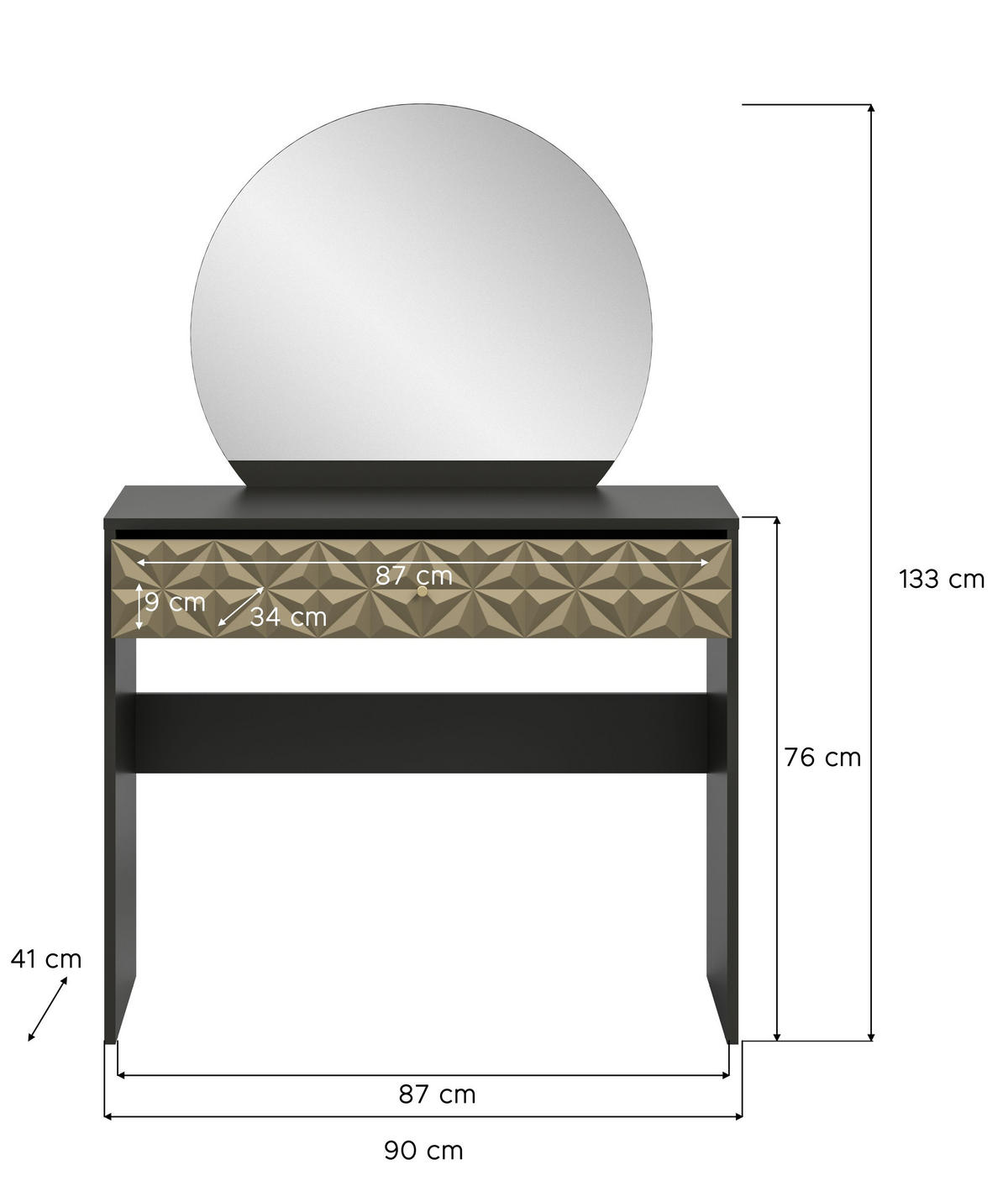 SCHMINKTISCH Glint (B/H/T: ca. 90/133/39 cm) in schwarz/schwarz - Schwarz, Holzwerkstoff (90/133/39cm)