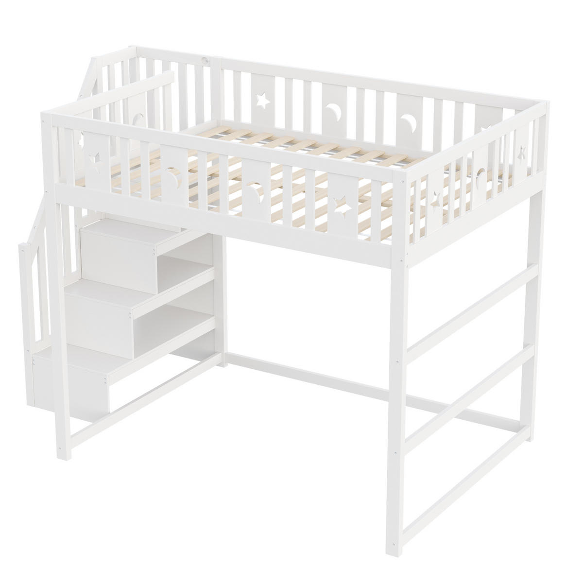 HOCHBETT 140x200 cm Weiß mit Treppe, Regal und Sofabereich, mit Stern- und Monddetails - Weiß, Holzwerkstoff (140/190cm) - Modfu