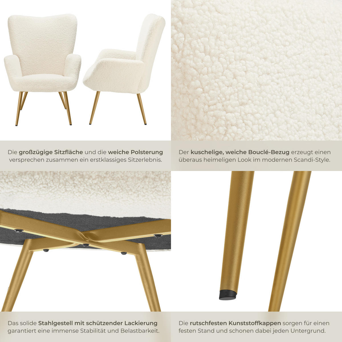 SESSEL Hygge,72 x 76 x 100,5 cm,Bouclé creme/gold - Goldfarben/Creme, Kunststoff (72/100.5/76cm) - tectake