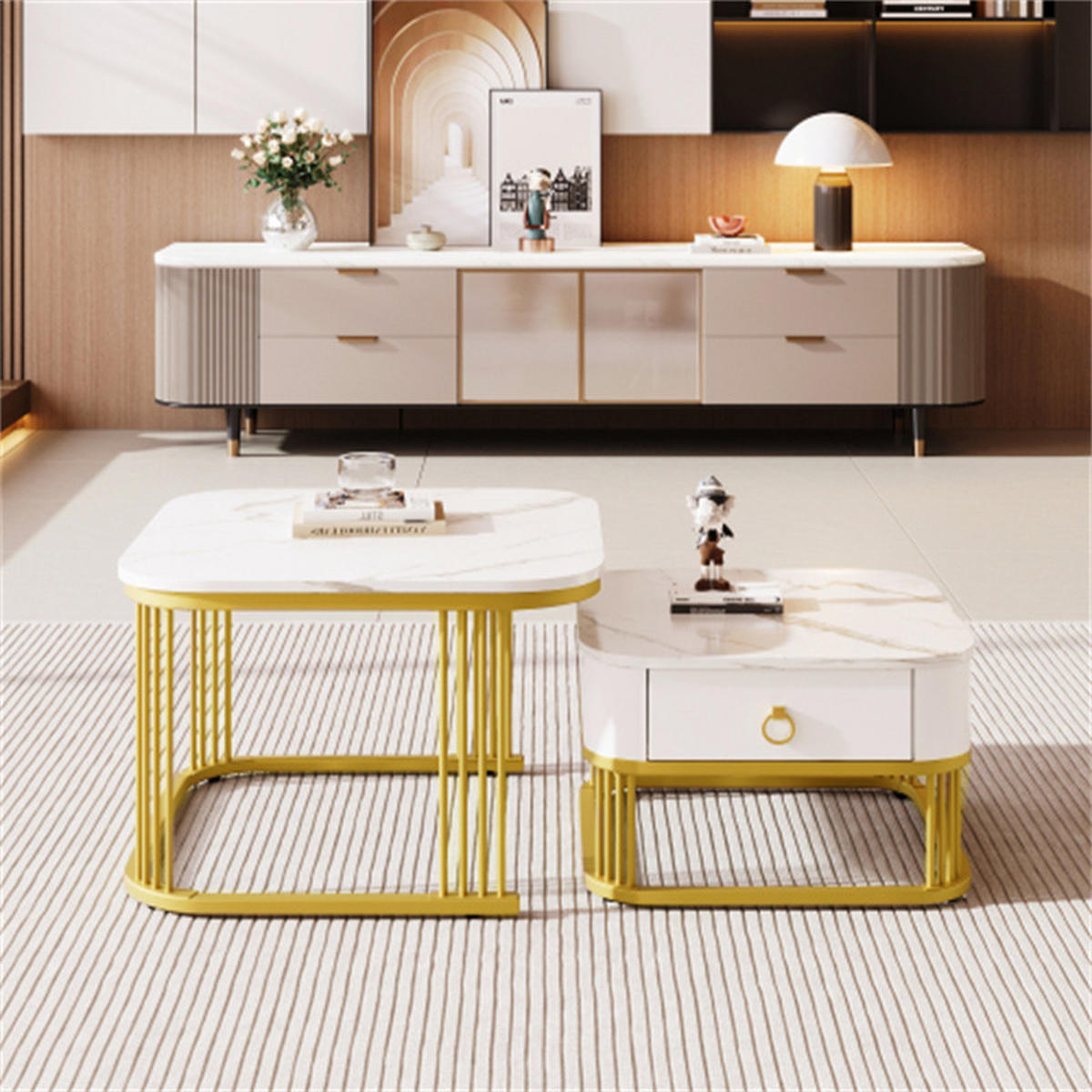 COUCHTISCH-SET 2-teilig mit Schubladen, Marmoroptik weiß/gold, 60x60x45 cm - Weiß, Holzwerkstoff (60/60/45cm) - Blomus