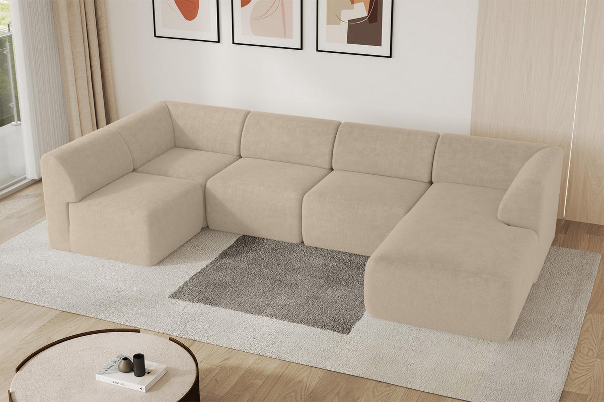 WOHNLANDSCHAFT Ottomane Rechts MOVO-L 345x180x78 cm Creme Tissu - Klar, Holzwerkstoff/Kunststoff (180/78/345cm) - ALTDECOR
