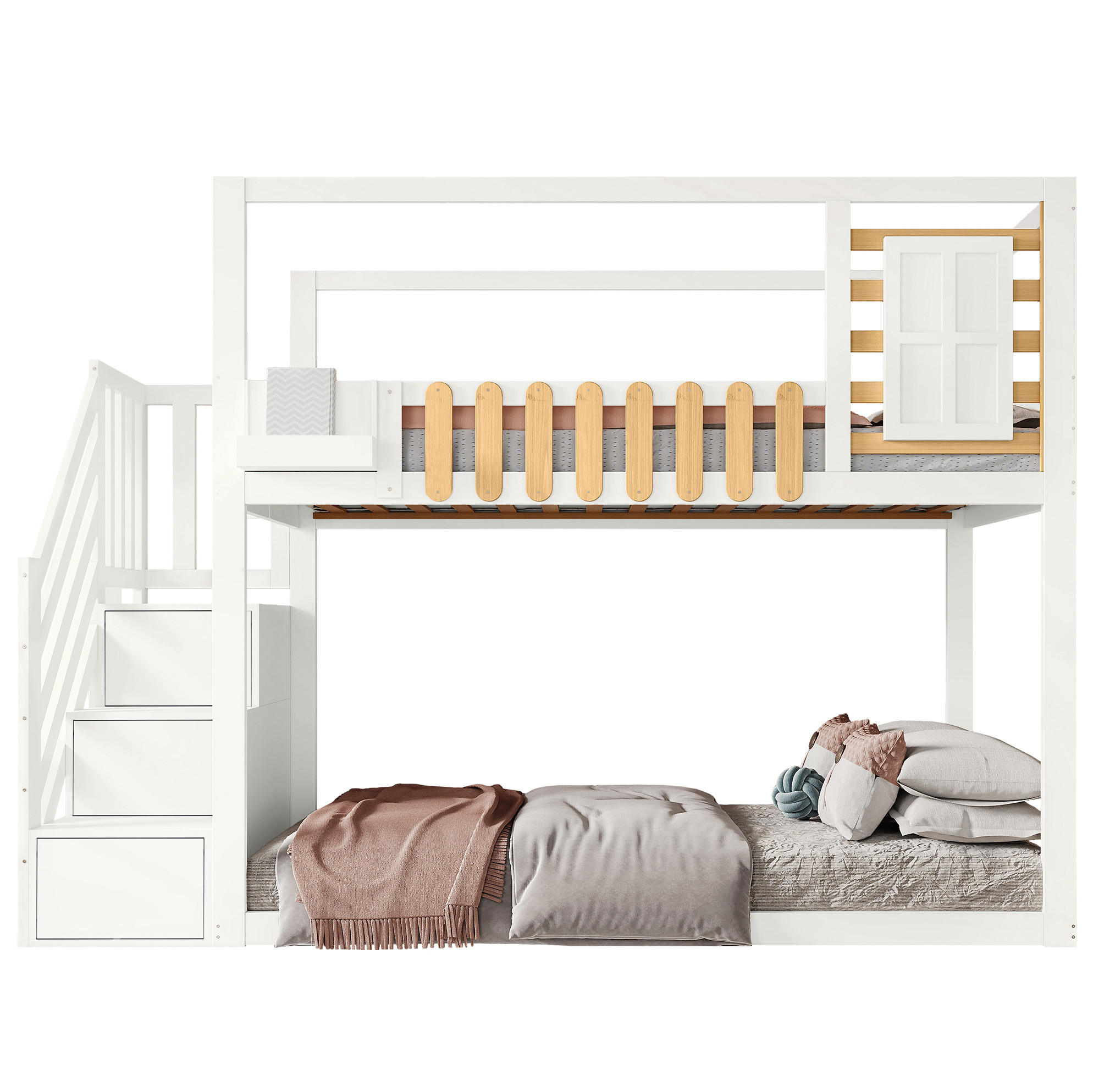 ETAGENBETT 90/200 cm Weiß/Natur mit Treppe, Stauraum und Fensterdesign - Weiß, Holzwerkstoff (90/200cm) - Flora Grace