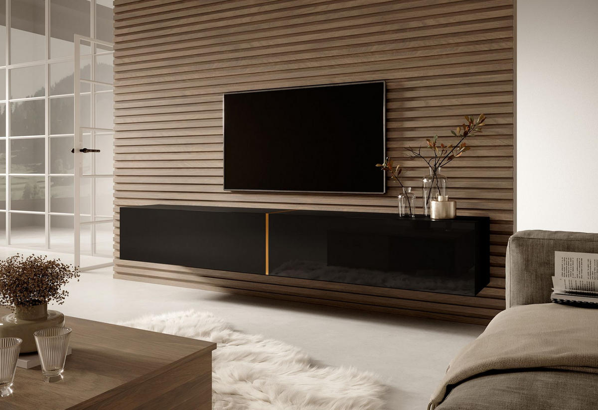TV-LOWBOARD Bisira Schwarz / Gold 200 cm - Schwarz, Holzwerkstoff (200/30/31.6cm) - Selsey