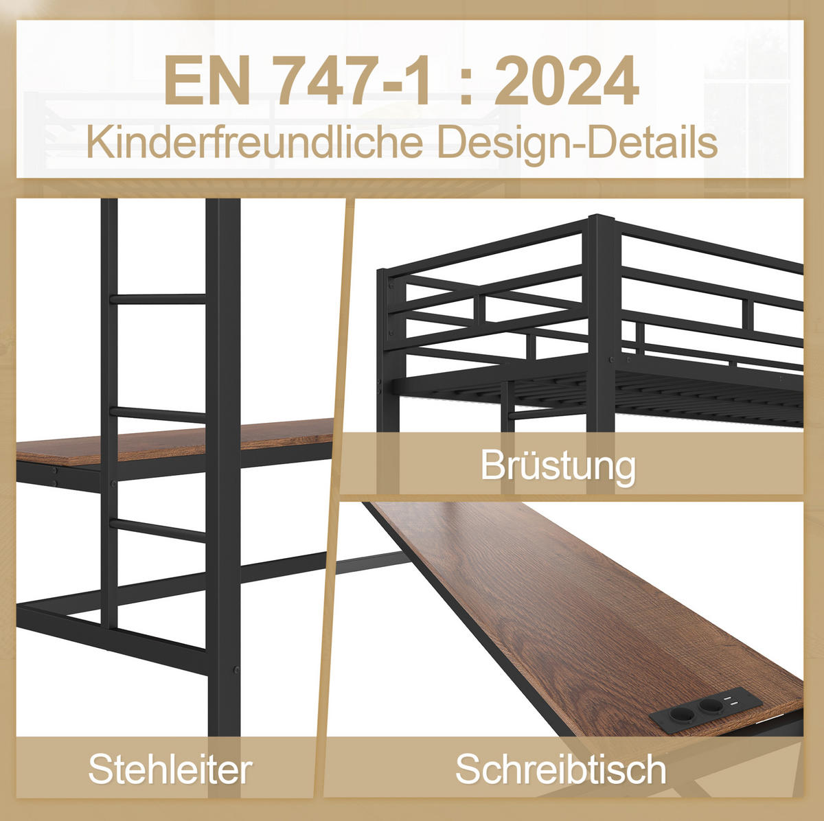 HOCHBETT 90/200 cm Schwarz aus Metall mit Tisch und Lichtleiste - Schwarz, Metall (90/200cm) - OKMYHOME