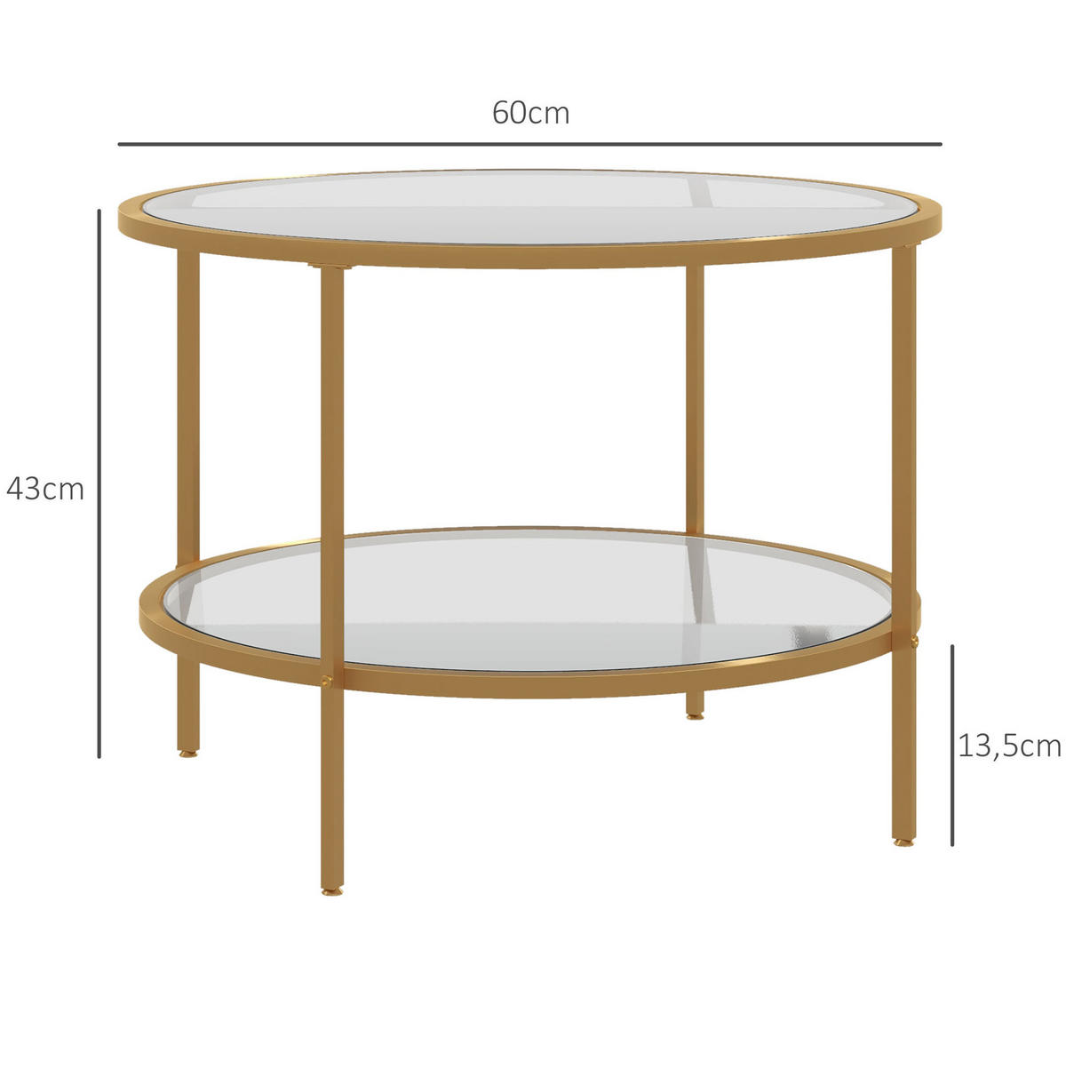 BEISTELLTISCH 60/43 cm in Gold mit Glasablagen und Stahlrahmen - Goldfarben, Glas (60/60/43cm) - Flora Grace