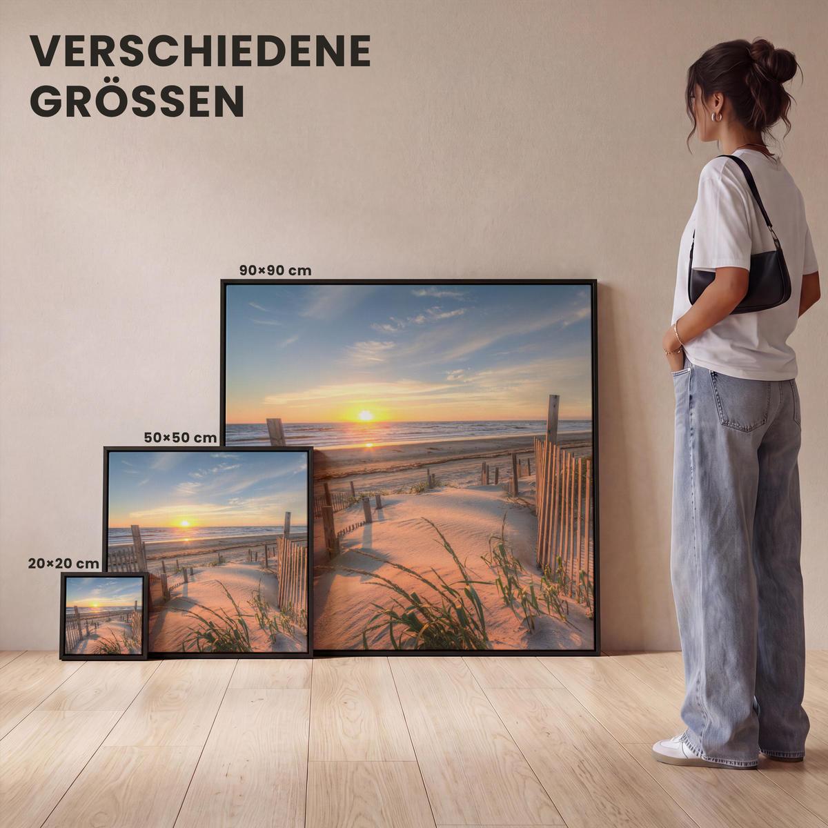 LEINWAND Bilder mit Rahmen - Strand - Meer - Düne - Sonnenuntergang - Landschaft - 20x20 - Beige, Textil (20/20cm) - MuchoWow
