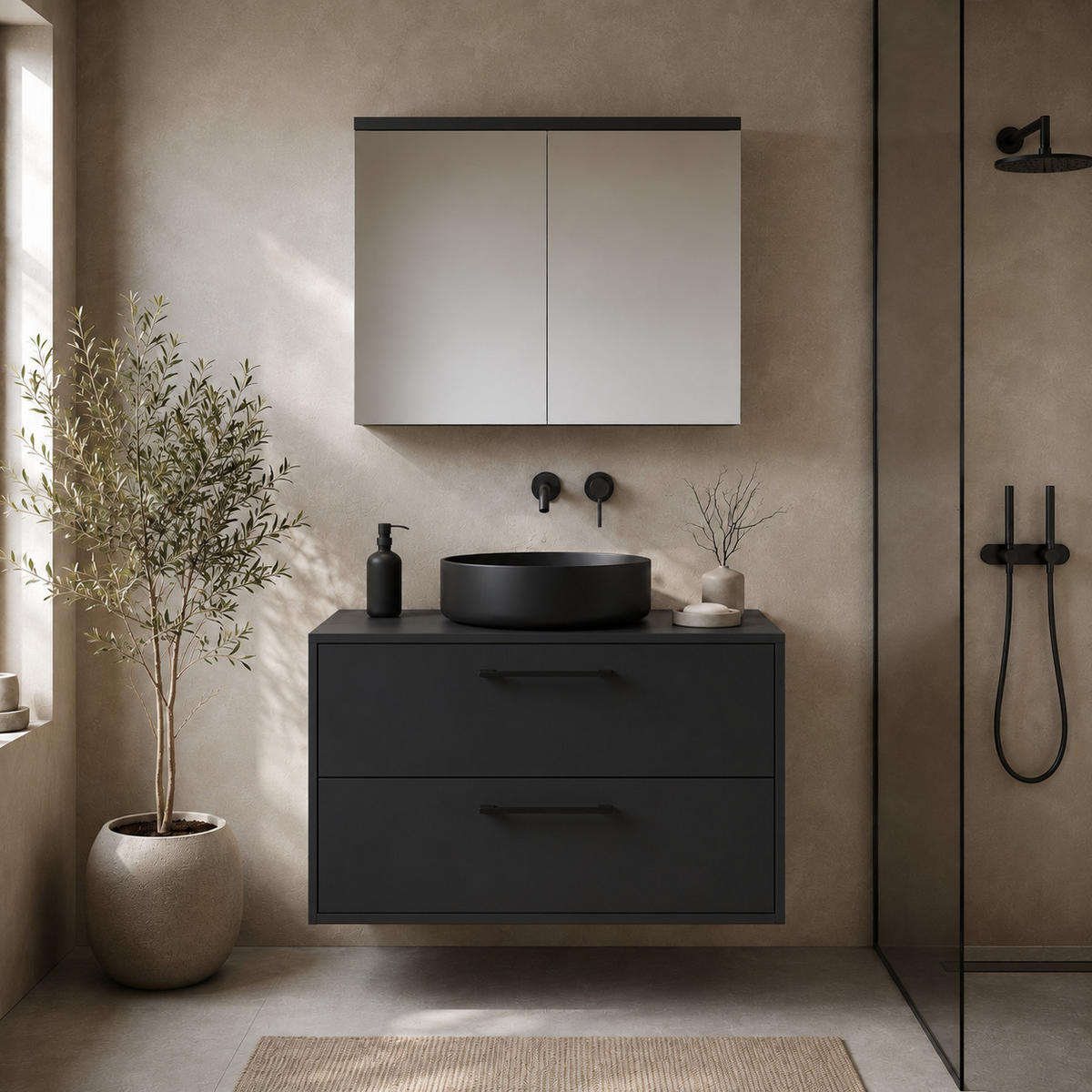 BADMÖBEL-SET Florence 2 Teile Matt Schwarz - 80 x 46 x 46 cm - Schwarz, Holz (80/46/46cm) - Badplaats