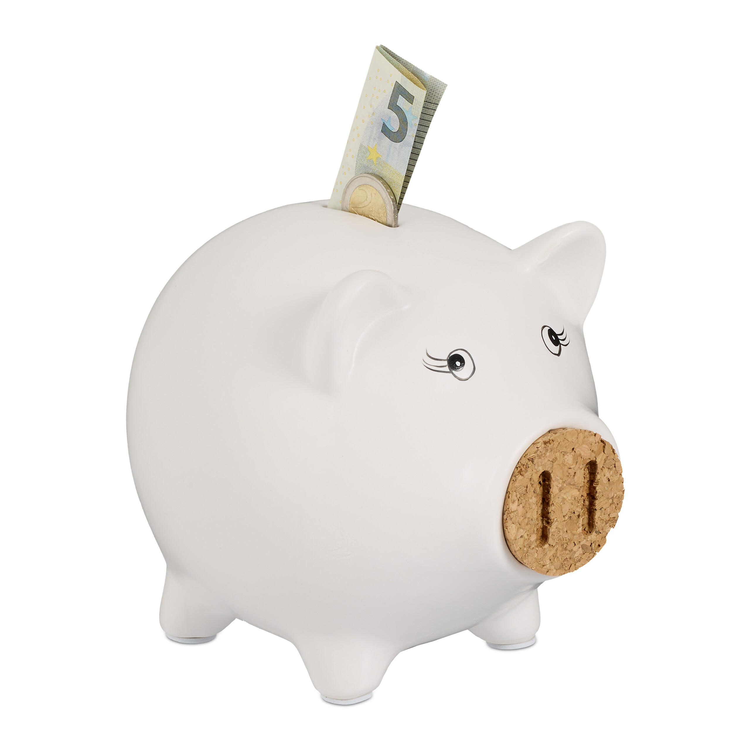 SPARSCHWEIN - Weiß, Naturmaterialen/Stein (15.5/15.5/19cm) - Relaxdays