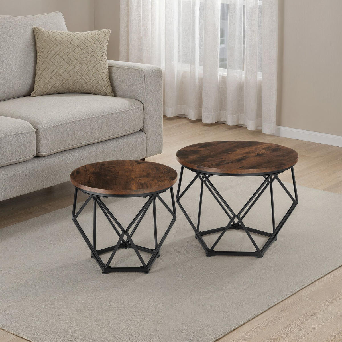 COUCHTISCH 2er Set Benham, mit höhenverstellbaren Kunststofffüßen, Industrial Holz dunkel, rustikal - Rostfarben, Holzwerkstoff (50/50/40cm) - tectake