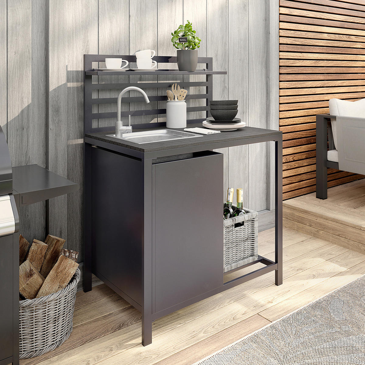 GARTENSPÜLTISCH - Aluminium / Kunststoff - Schwarz - Schwarz, Kunststoff/Metall - home24