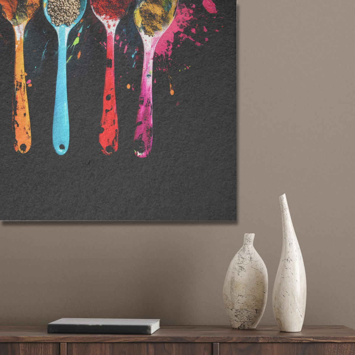 AKUSTIKBILD Löffel - Gewürze - Modern - Graffiti - Farbe - Farbenfroh Gemälde 80x60 cm - Multicolor, Textil (80/60/0.9cm) - MuchoWow
