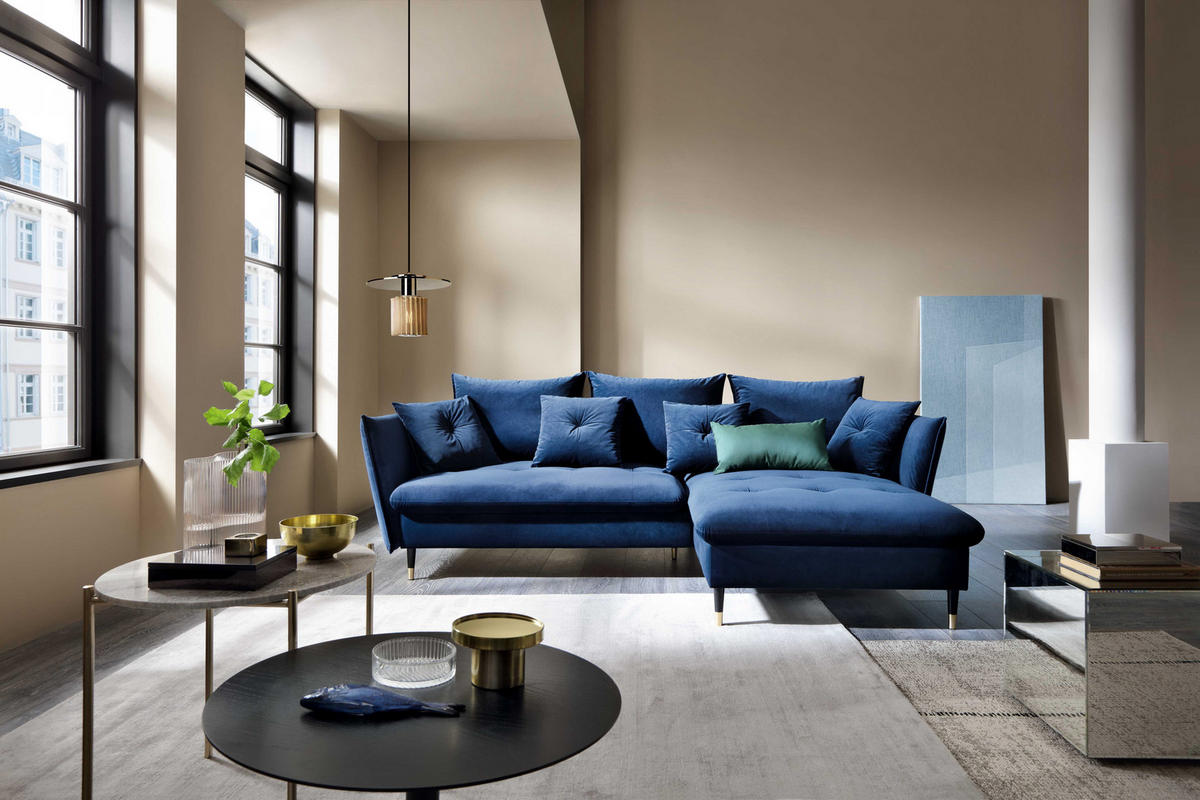 ECKSOFA GLAM mit Schlaffunktion, Ottomane & goldenen Füßen – Samtsofa im Glamour-Stil mit Zierkissen, 258x167x91 cm, rechte, blau​ - Blau, Holz/Textil (258/167cm) - DomoHome