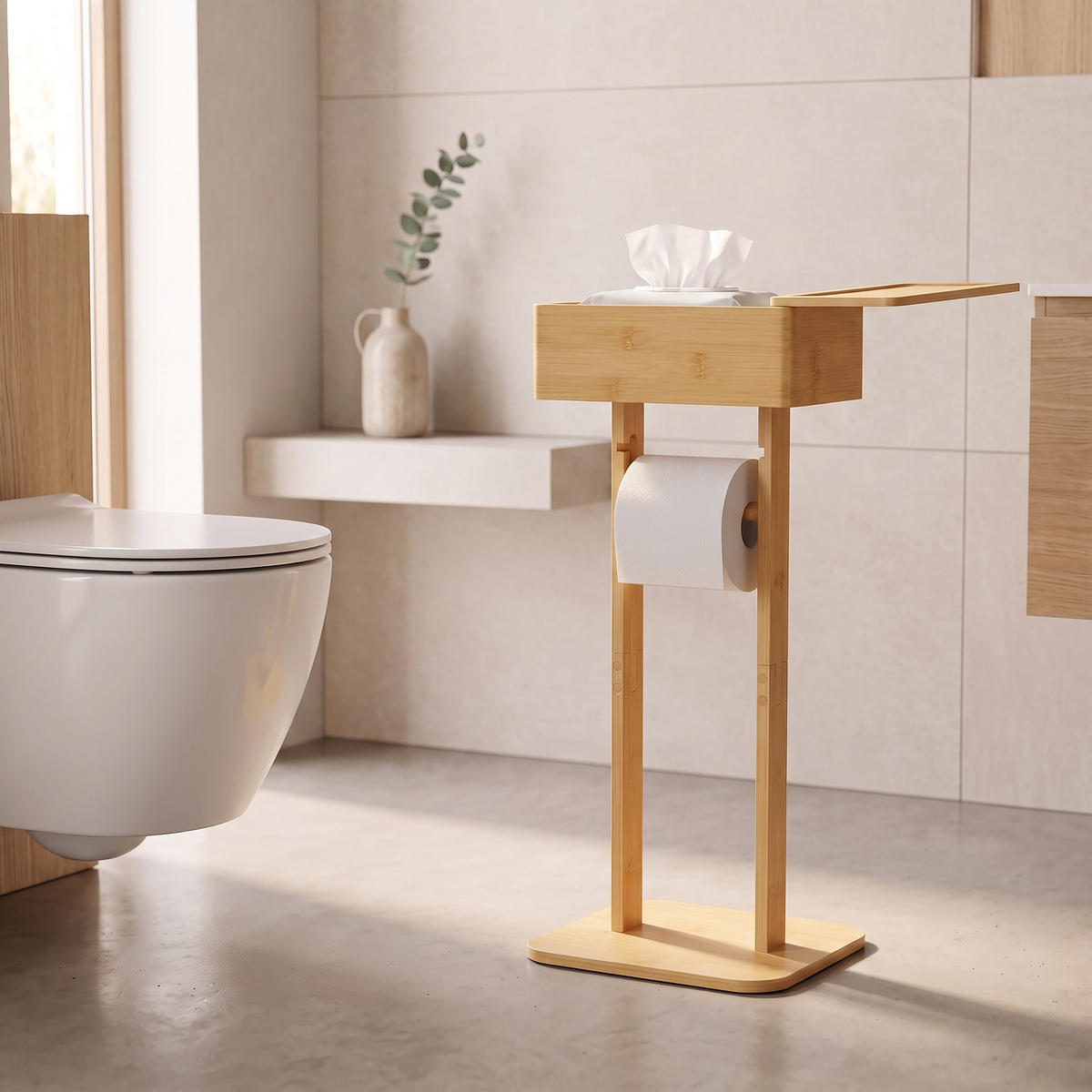 STOJAN Přírodní bambus na toaletní papír s úložným boxem - světle hnědá, dřevo (25/64.5/20cm) - Relaxdays