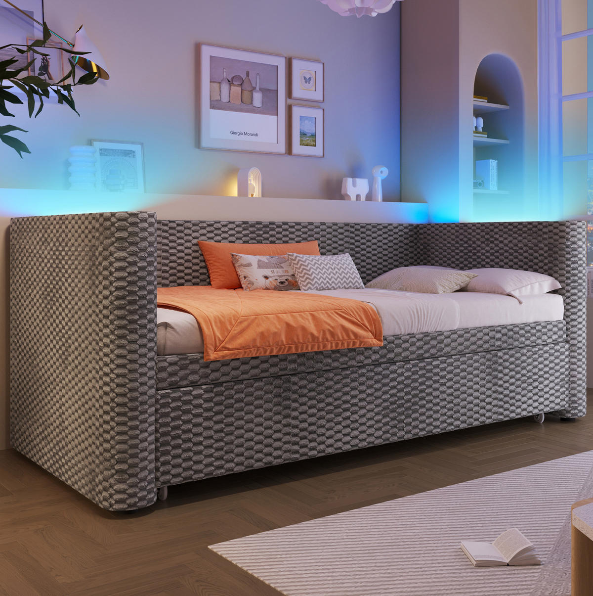 AUSZIEHBETT 90/200 cm Grau aus Samt mit LED-Beleuchtung klappbar zum Doppelbett 180/200 cm - Grau, Textil (90/200cm) - OKWISH