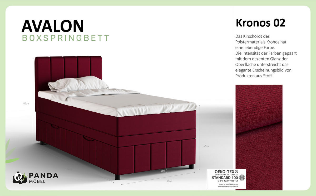 BOXBETT AVALON 90 x 200 cm mit Bettkasten und Topper - Rot - Rot, Holz - Panda Möbel
