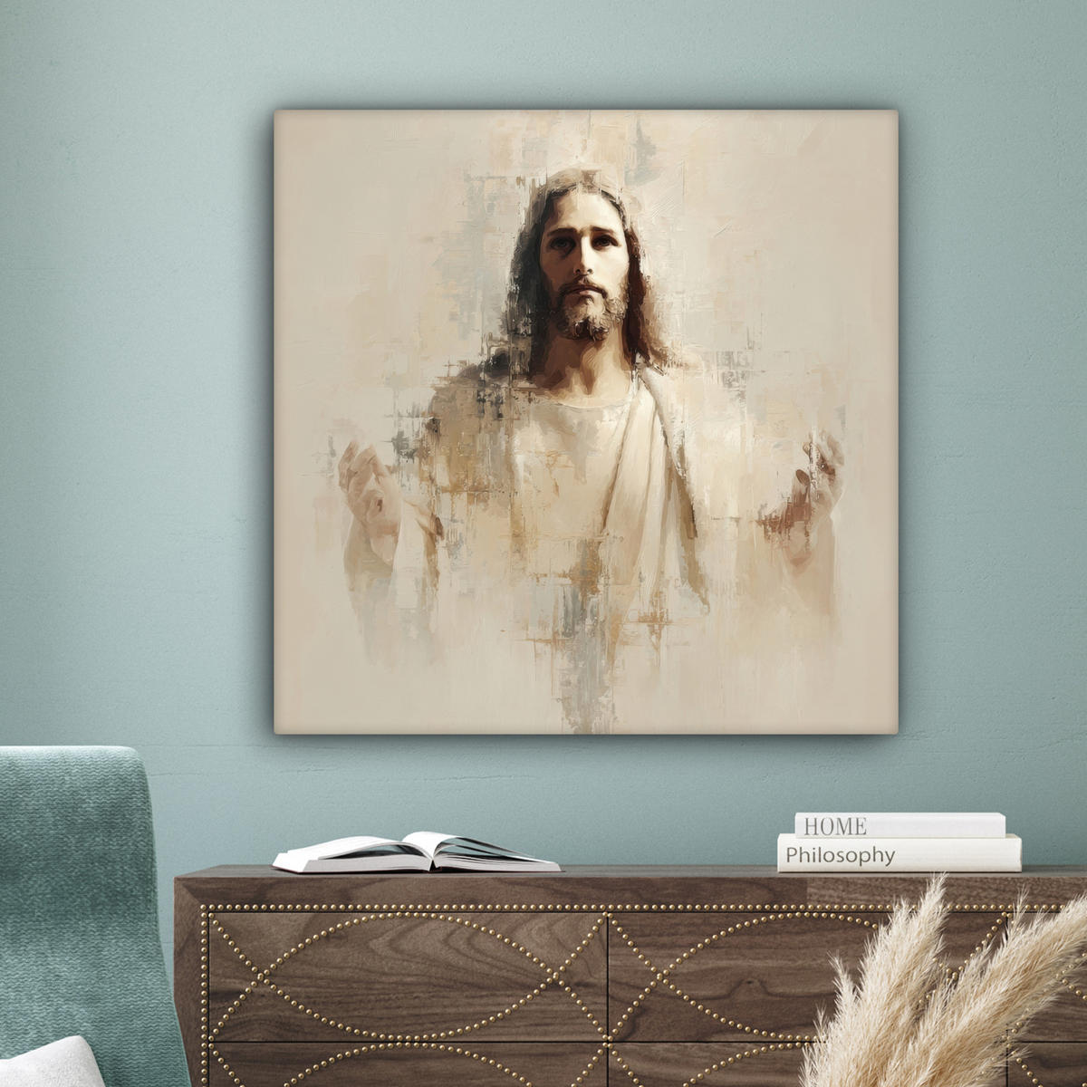LEINWANDBILD Porträt - Abstrakt - Jesus - Beige Deko Groß 90x90 cm - Beige, Textil (90/90cm) - MuchoWow