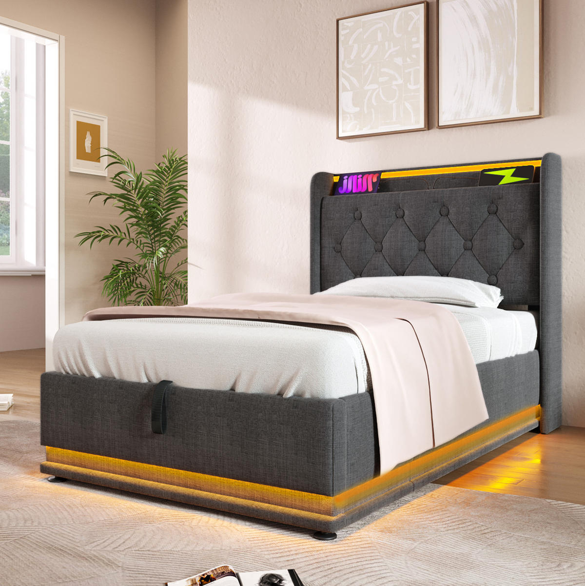 BETT mit Stauraum, LED und Matratze 90x200 cm Leinen Grau - Grau, Metall (90/200cm) - Meubliv