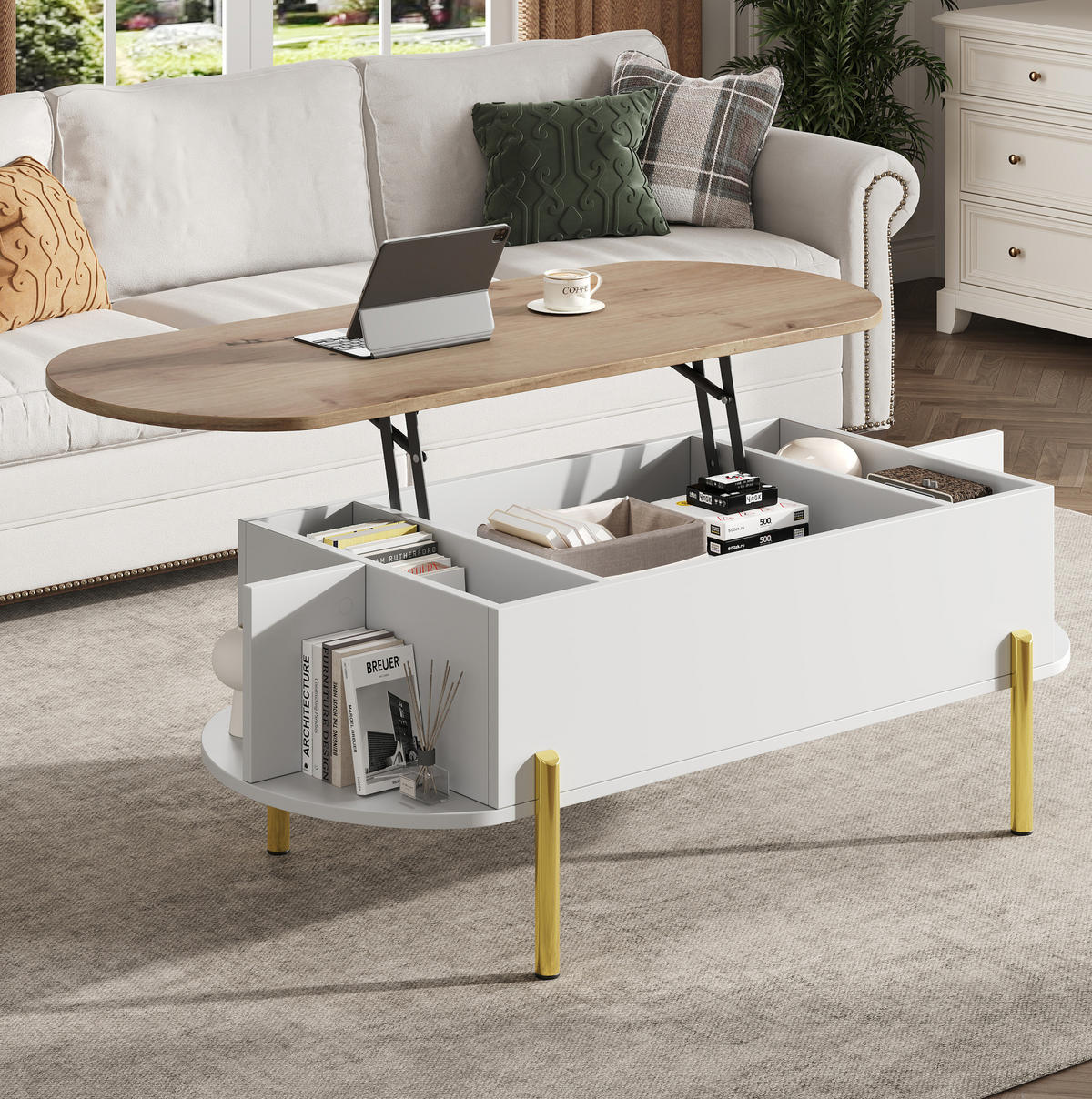 KONFERENČNÍ stolek 120/50/43 cm bílý z MDF se zvedací deskou a skrytým úložným prostorem - bílá, kompozitní dřevo (120/50/43cm) - OKWISH