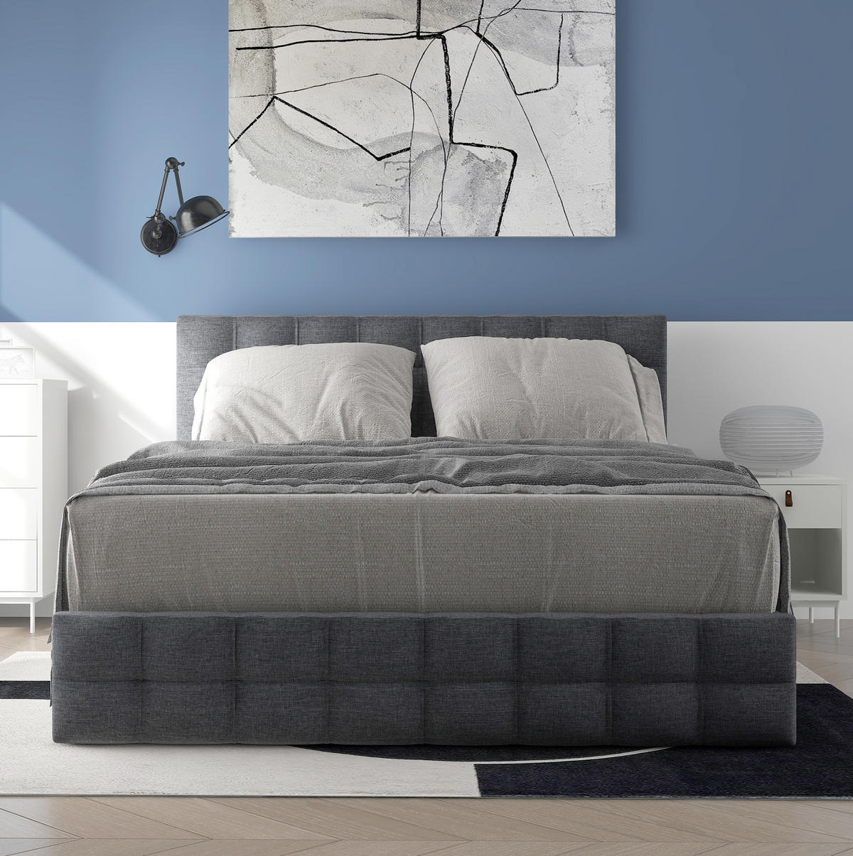POLSTERBETT aus Leinen 140x200 cm Grau mit 4 Schubladen & verstellbarem Kopfteil - Grau, Textil (140/200cm) - Modfu