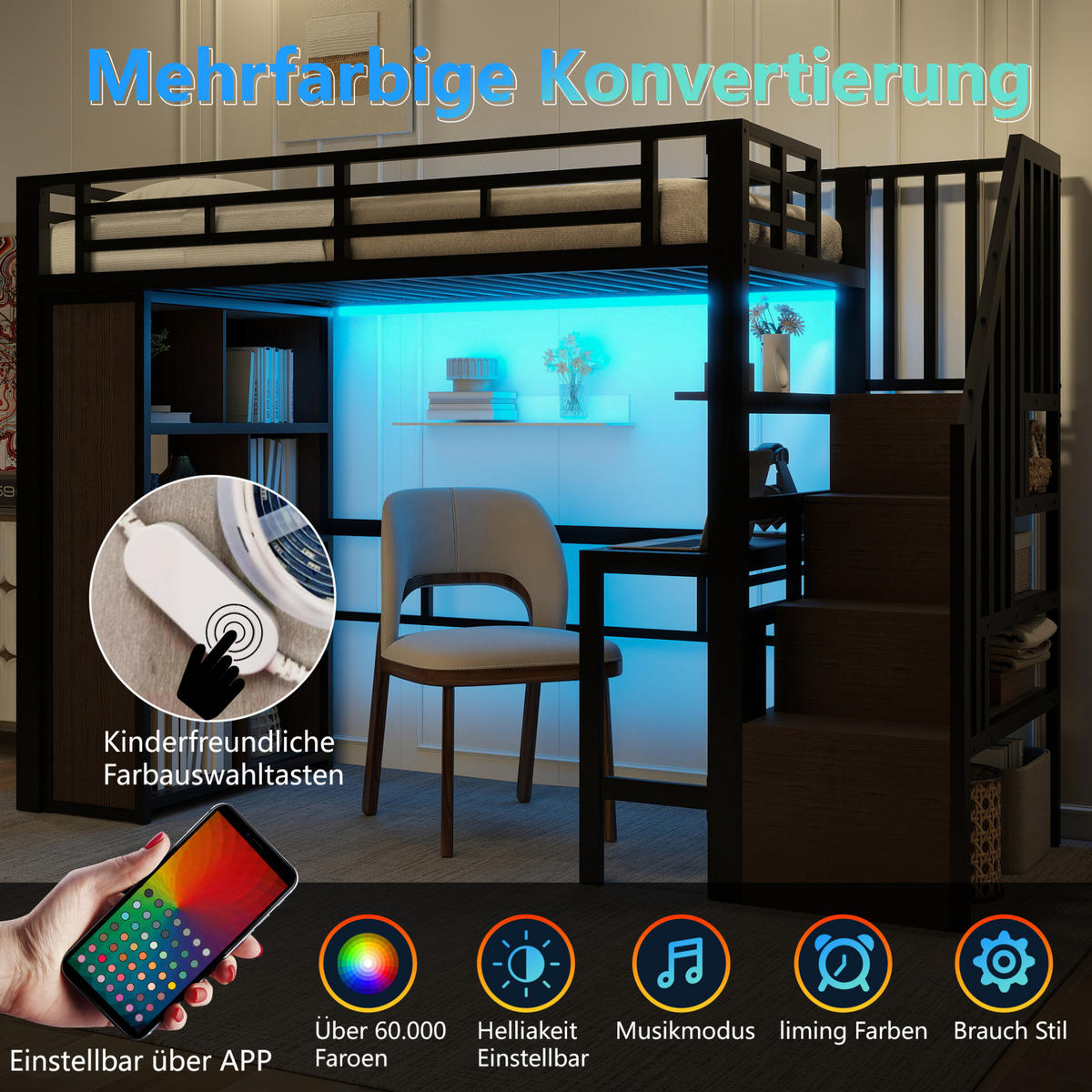 HOCHBETT 90/200 cm aus Metall/MDF mit Schreibtisch, Stauraumtreppe und LED-Lichtleiste Schwarz - Schwarz, Metall (90/200cm) - Modenvie