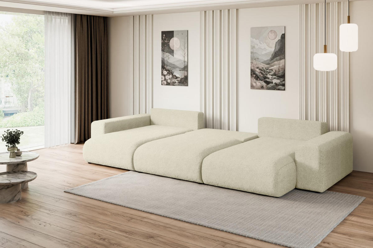 WOHNLANDSCHAFT mit Schlaffunktion und Bettkasten ESKAR-U -352x165x84cm Beige Bouclé - Beige/Schwarz, Holzwerkstoff/Kunststoff (352/84/165cm) - ALTDECOR