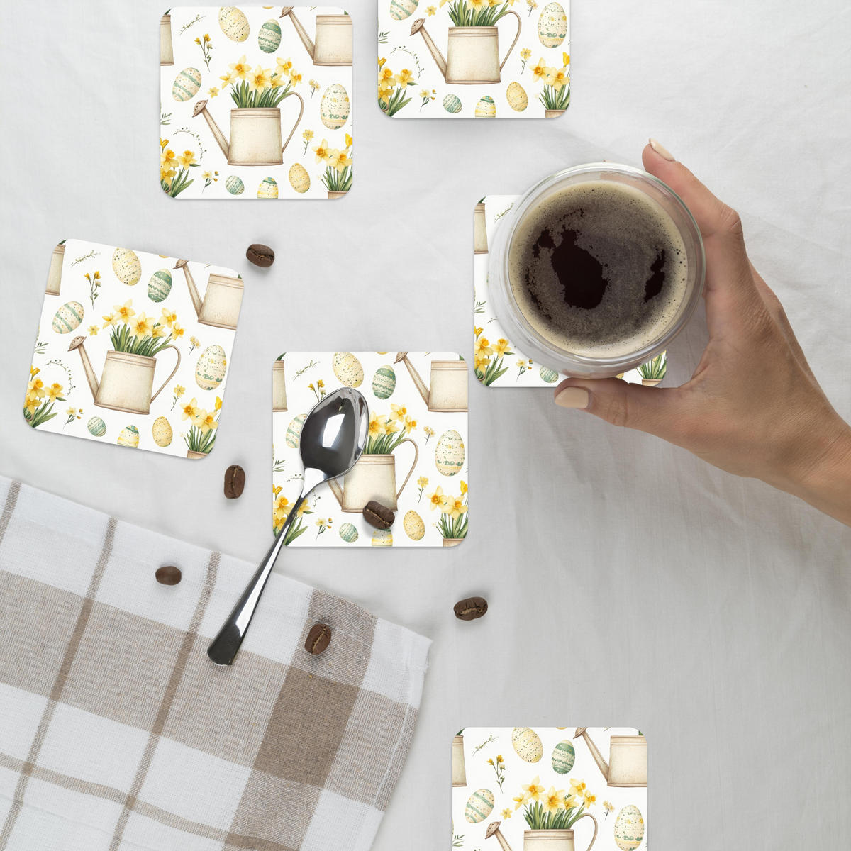 GLASUNTERSETZER 6er-Set Gießkanne - Blumen - Eier 10x10 cm - Weiß, Naturmaterialien (10/0.2cm) - MuchoWow