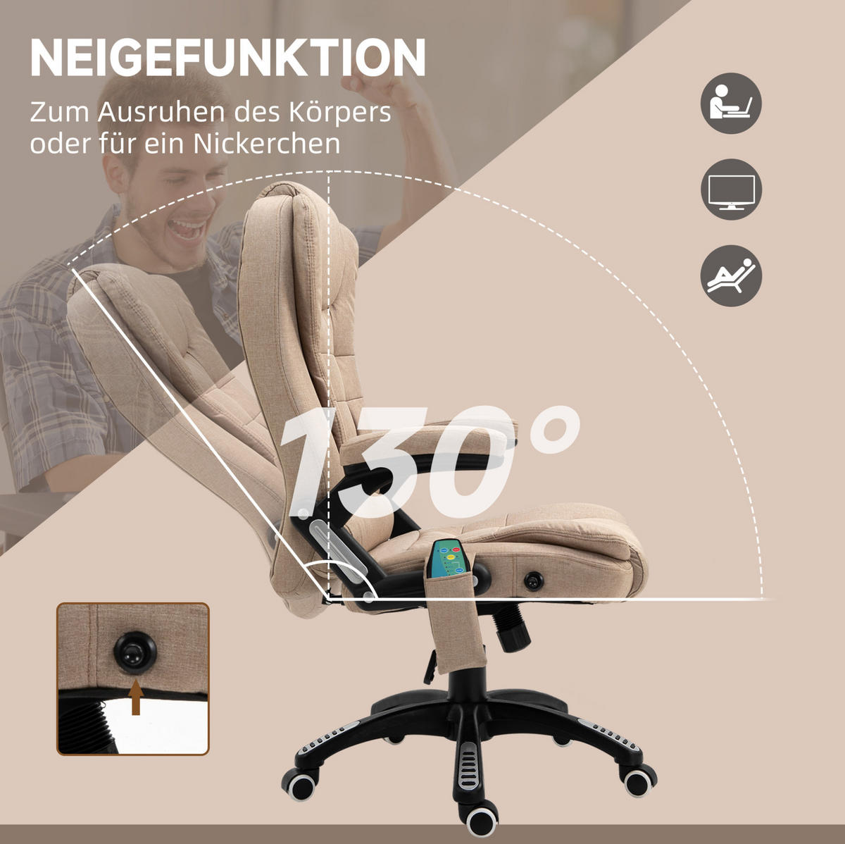 BÜROSTUHL in Braun 74x67x120 cm mit Massage- und Heizfunktion, höhenverstellbar - Braun, Textil (67/120/74cm) - IVMEU