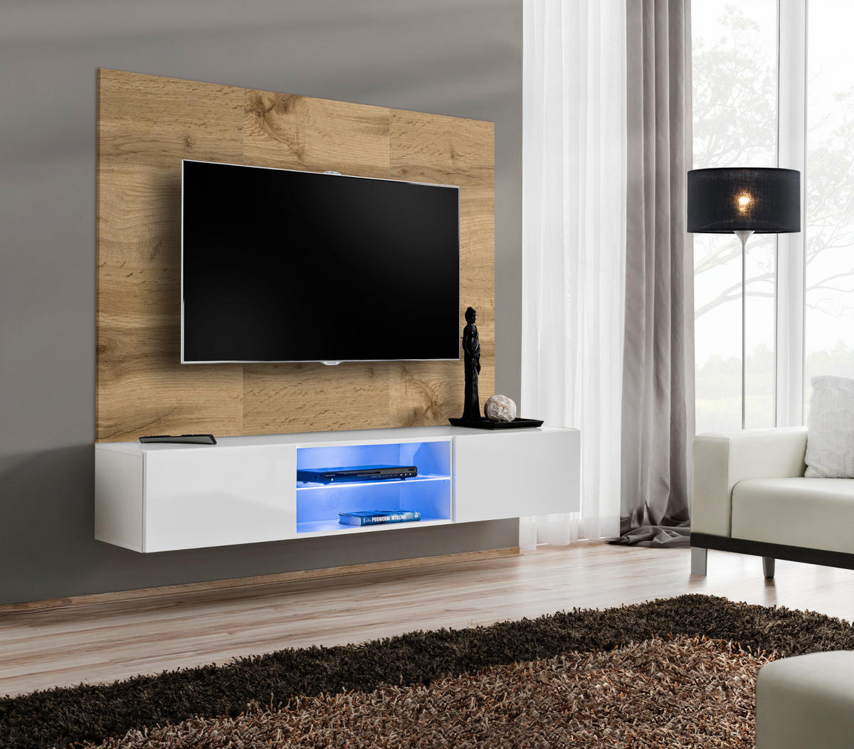 TV-LOWBOARD Eiche Wotan und weiß 180 cm hängend, Set inklusive LED-Beleuchtung - Eiche Wotan/Weiß, Glas/Holzwerkstoff (180/148/40cm) - Inn.Furn