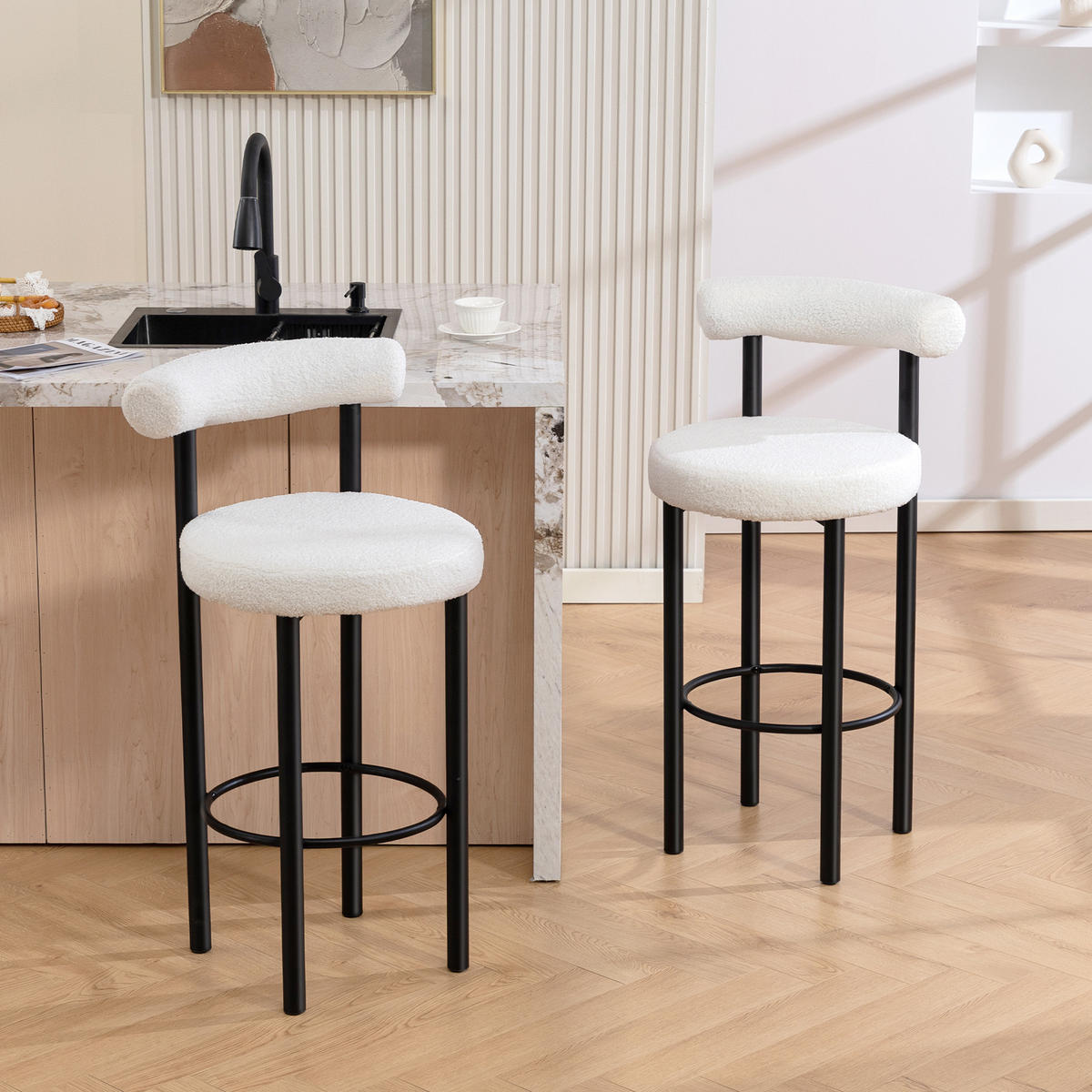 BARHOCKER 2er-Set DE-14818 gepolstert mit Boucle-Bezug Weiß - Weiß, Metall (50/98/52.5cm) - ComfortXL