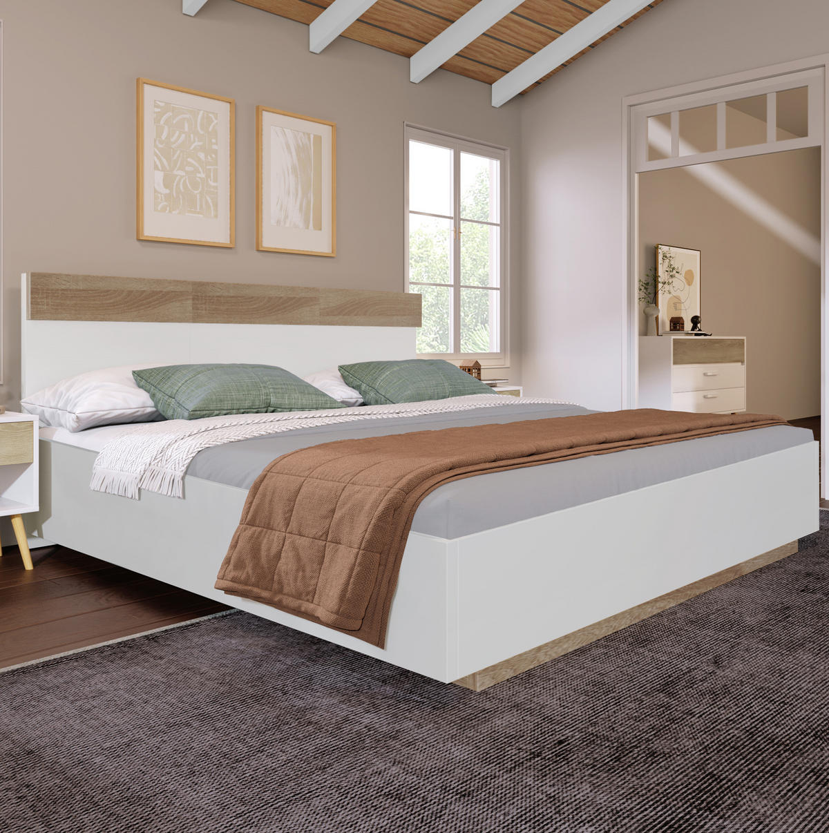 BETT 140/200 cm mit Kopfteil in Sonoma-Eiche/Weiß – inkl. Lattenrost - Weiß, Holzwerkstoff (140/200cm) - BEAOK