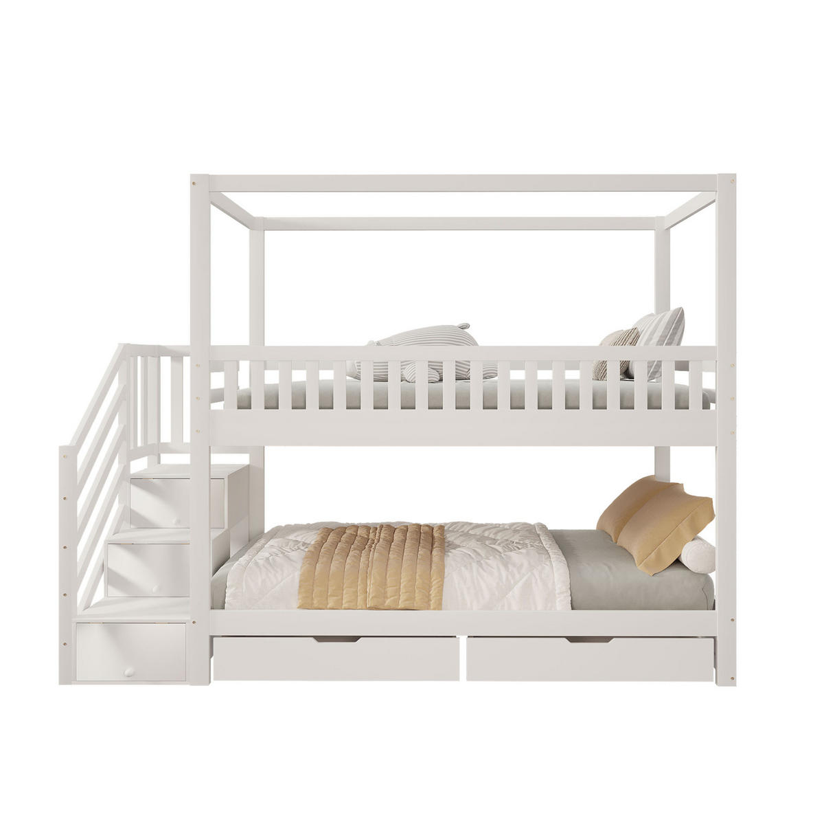 ETAGENBETT 90/200 cm mit Sicherheitsleiter, Schubladen und Hausform, Weiß - Weiß, Holzwerkstoff (90/200cm) - Redom