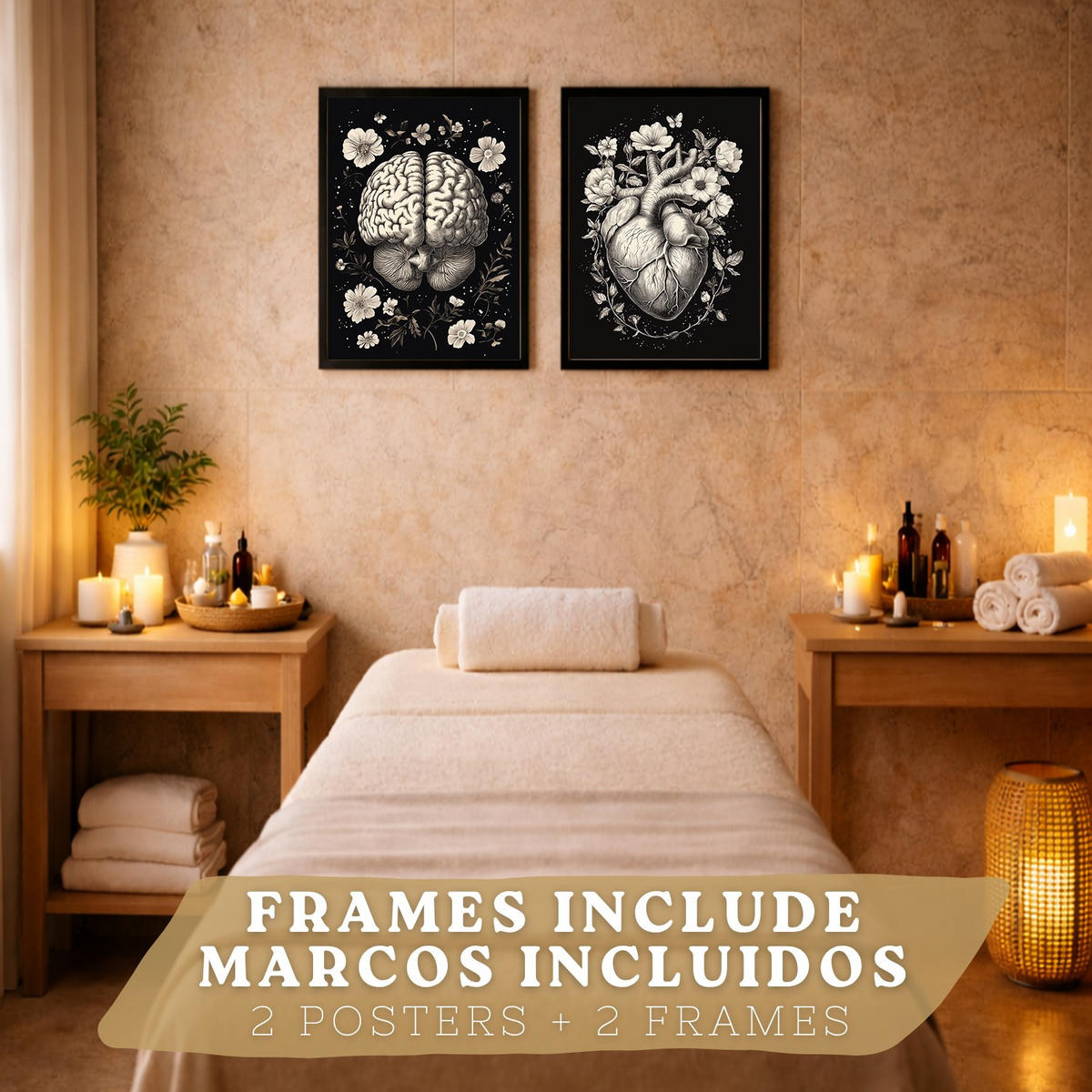 POSTER Set aus 2 Anatomie Mensch Drucke und Wandbilder mit Gehirn und Herz Monochromes Florales Design Schwarzer Hintergrund Größe Schwarzer Rahmen A3 - Schwarz, Papier (29.7/42/3cm) - Nacnic