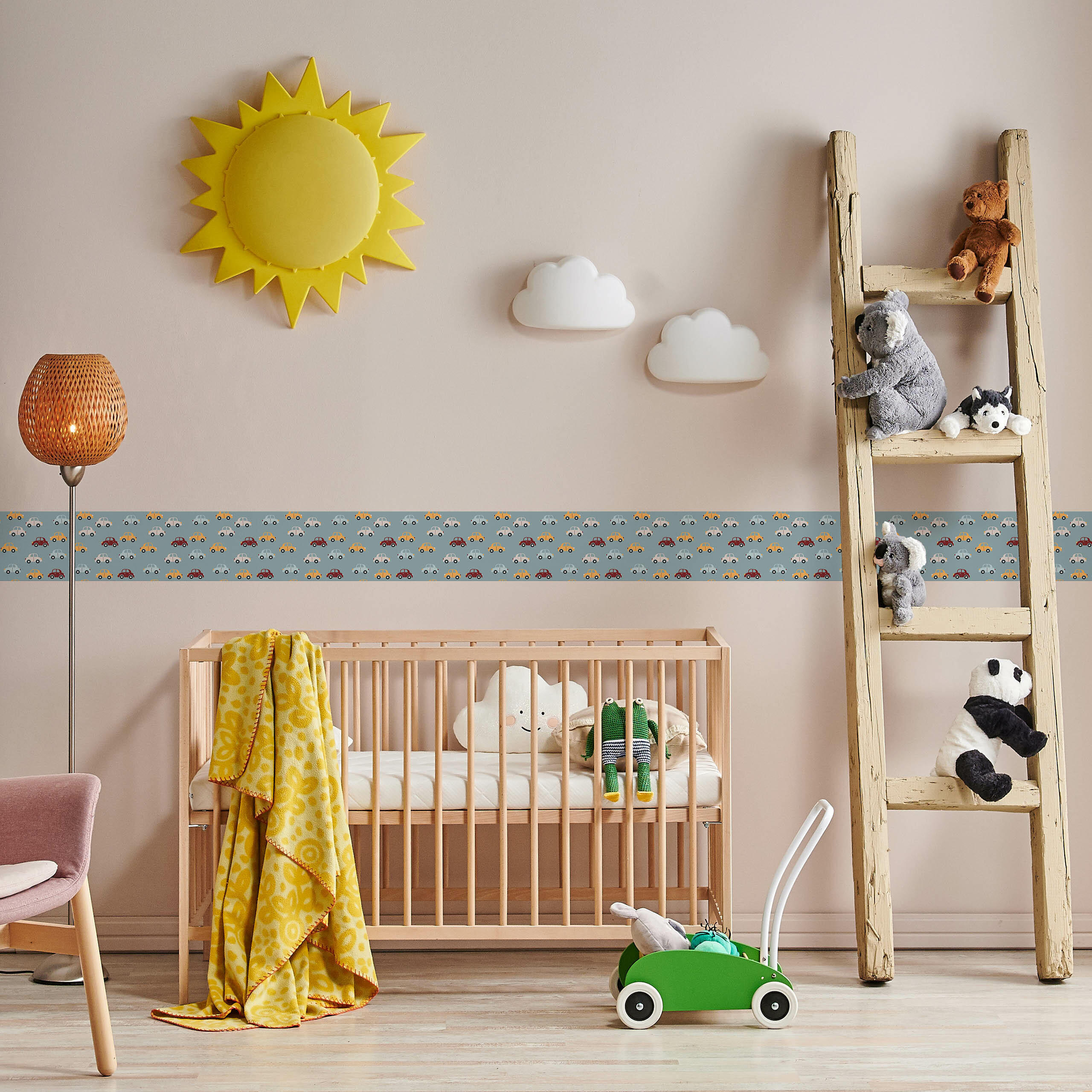 TAPETENBORDÜRE selbstklebend für Kinderzimmer bunte AUTOS Fahrzeuge - Beige/Rot, Papier (10/300/300cm) - Muralo