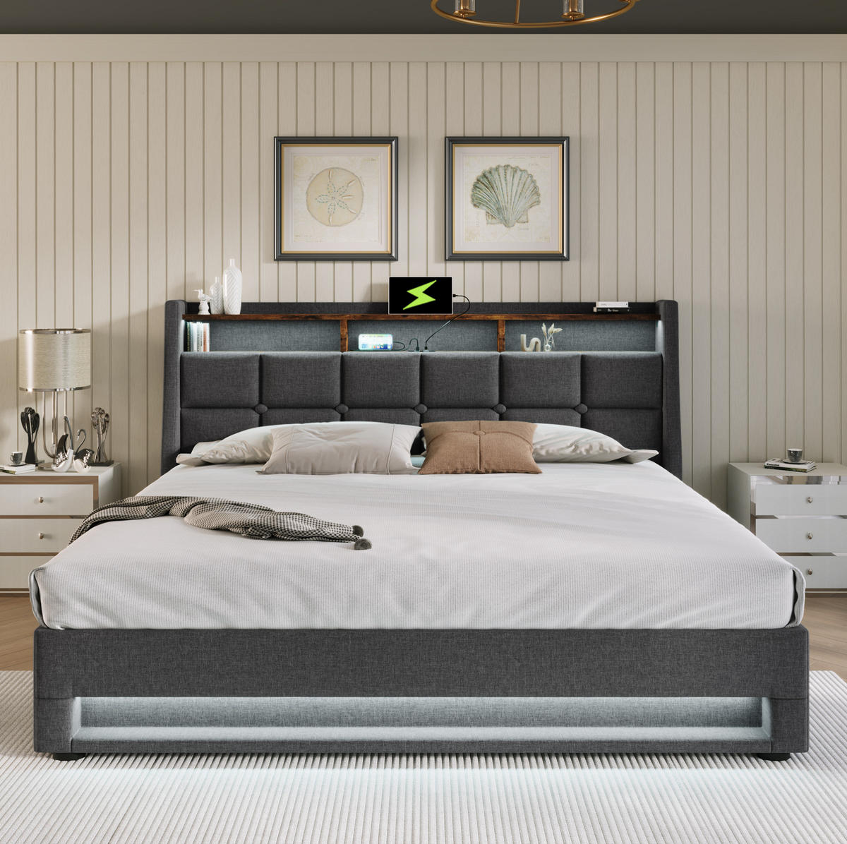 ČALÚNENÁ posteľ s LED osvetlením a USB, 165/210/117 cm, sivá, ľan, s úložným priestorom - sivá, textil (160/200cm) - BEAOK