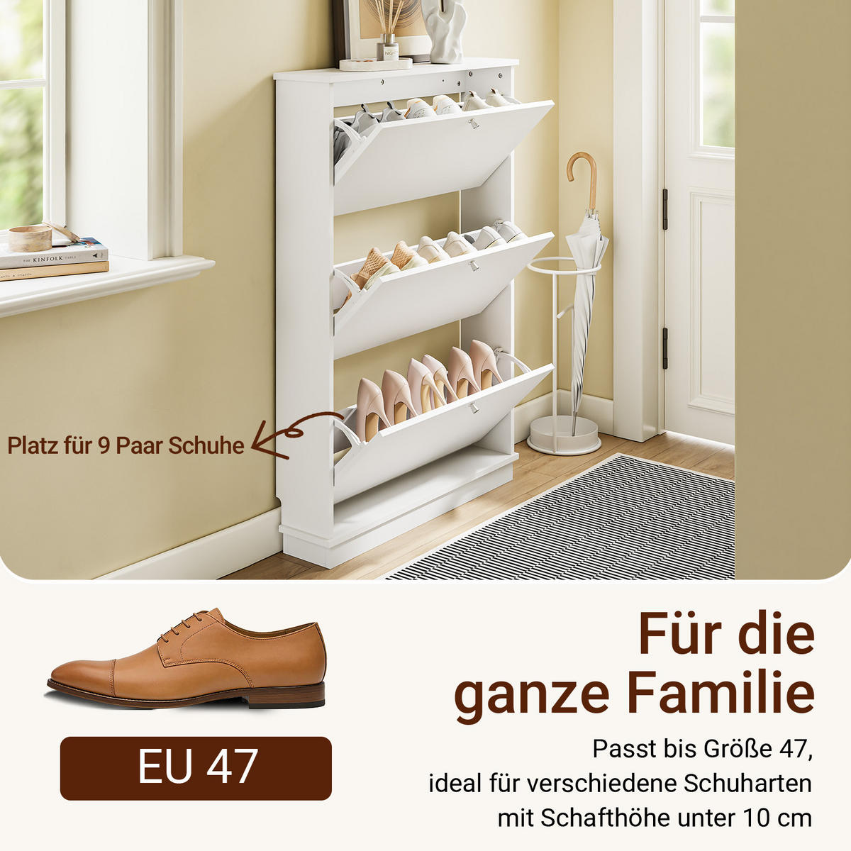 SCHUHSCHRANK schmal mit 3 Klappen, Weiß 76x18x113cm - Weiß, Holzwerkstoff (18/113/76cm) - SoBuy