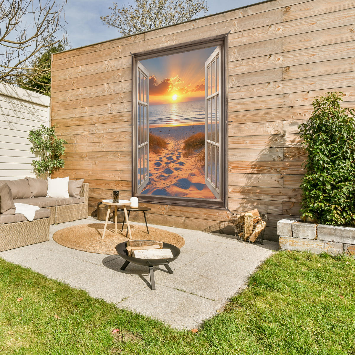 GARTENPOSTER Durchblick - Strand - Dünen - Sonnenuntergang 120x180 cm - Orange, Kunststoff (120/180/0.2cm) - OnlyWow