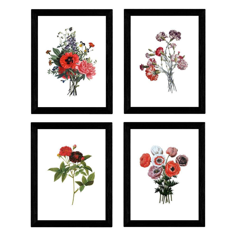 POSTER Set mit 4 Dunkelrot Botanischen Stil Weiß A3 Rahmenlos - Klar, Papier (29.7/3cm) - Nacnic