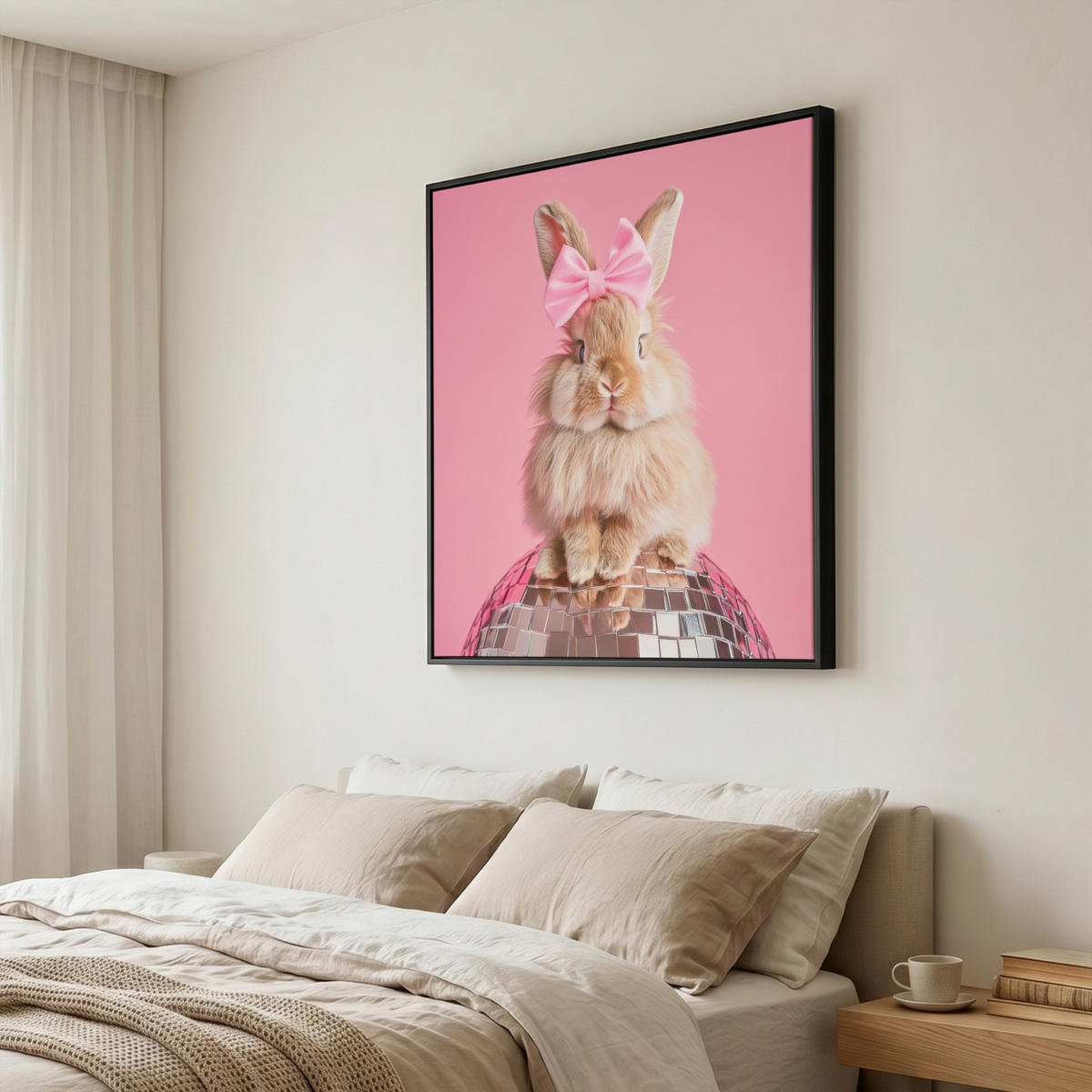 LEINWAND Bilder mit Rahmen - Schleife - Discoball - Kaninchen - 90x90 - Pink, Textil (90/90cm) - MuchoWow