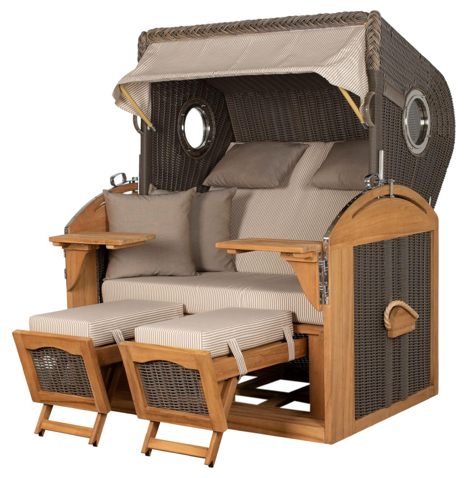 STRANDKORB Komplettset: Borkum XL Teak Bullauge - PE grau - Modell 510 - Beige/Braun, Holz/Kunststoff (142/170/95cm) - bene living