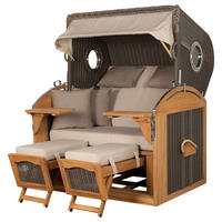 STRANDKORB Komplettset: Borkum XL Teak Bullauge - PE grau - Modell 510 - Beige/Braun, Holz/Kunststoff (142/170/95cm) - bene living