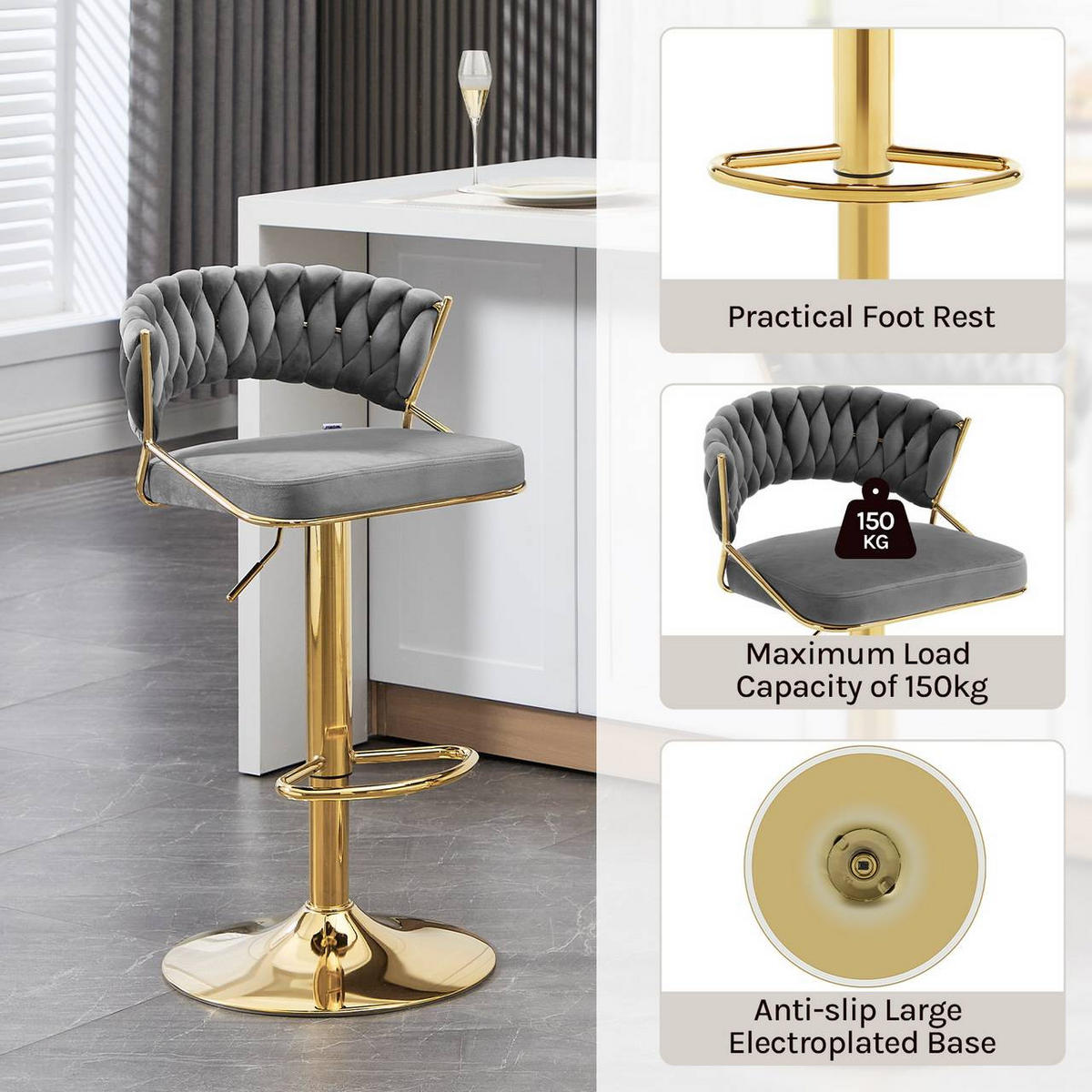 BARHOCKER 4er Set, mit geflochtener Rückenlehne, Samt, Dunkelgrau - Dunkelgrau/Goldfarben, Textil/Metall (48/83/46.5cm) - Woltu