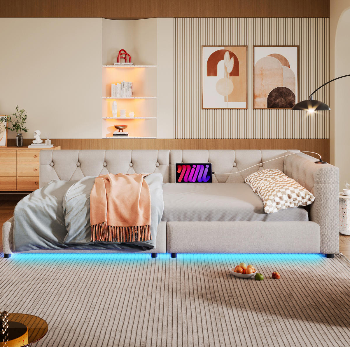 DENNÁ posteľ z ľanu a MDF 90x200 cm béžová s LED osvetlením, USB a USB-C portom - béžová, textil (90/200cm) - Modfu
