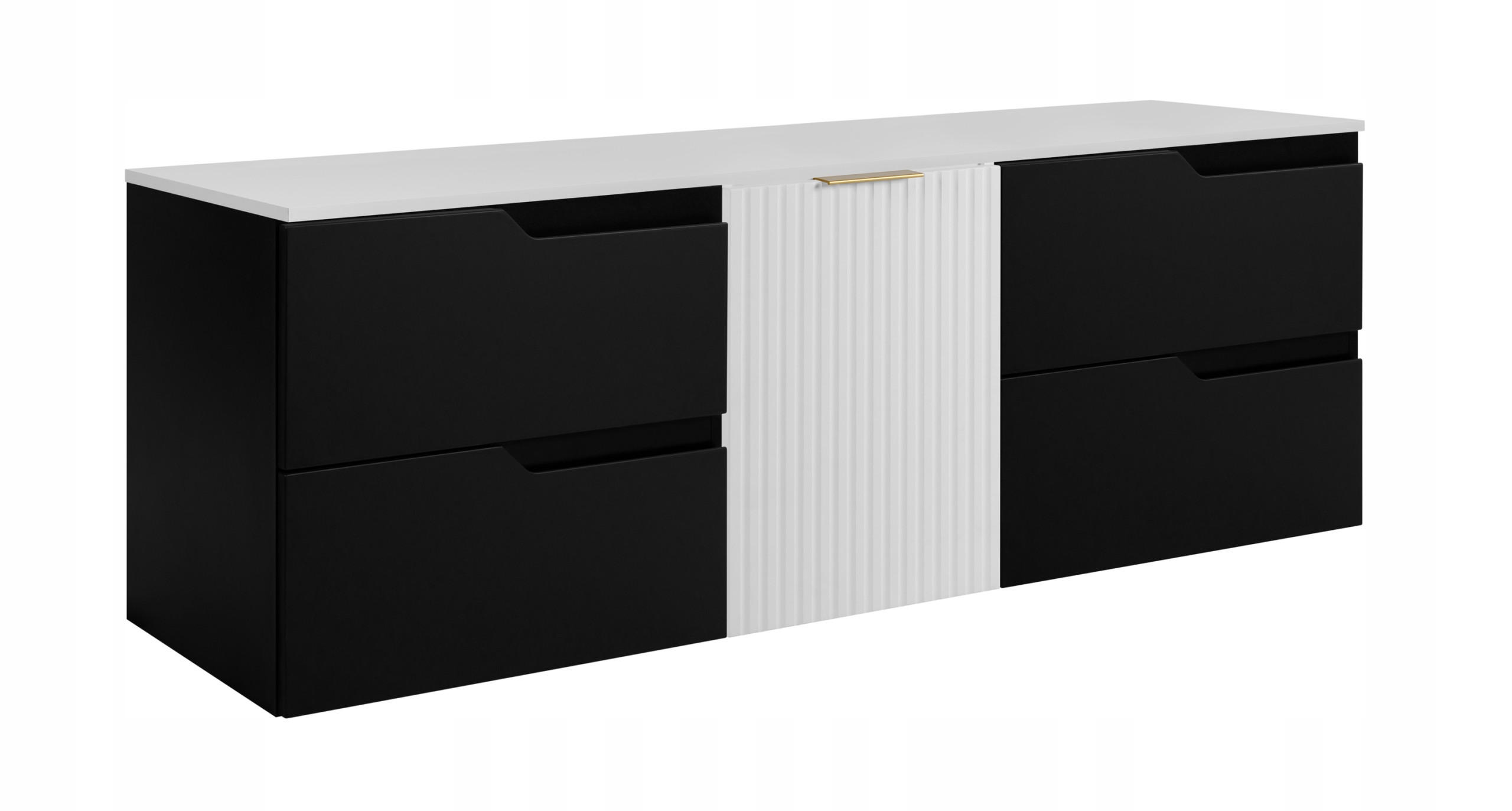 WASCHBECKUNTERSCHRANK MODERN 160 cm mit Arbeitsplatte Farbe: Weiß mit geriffelter Vorderseite Farbe: Weiß - Schwarz - Schwarz, Holzwerkstoff (160/57/46cm) - Rodan