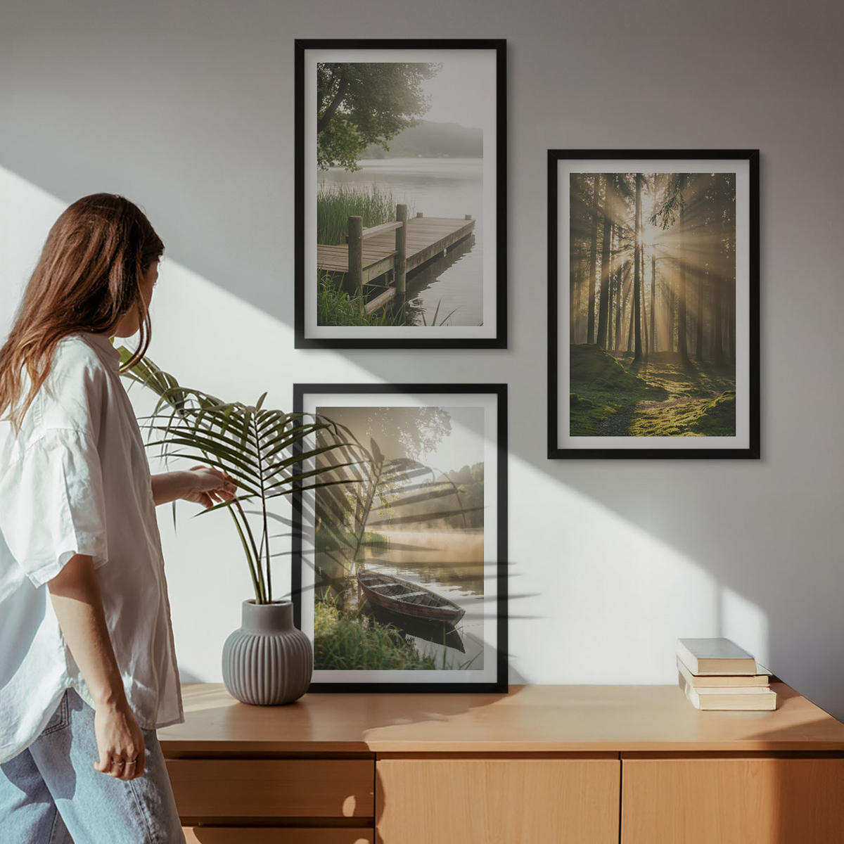 BILDER SET 3er Set - 40x60 cm Schwarzer Rahmen - See, Wald, Boot, Morgennebel - Schwarz, Kunststoff (40/60cm) - TULUP