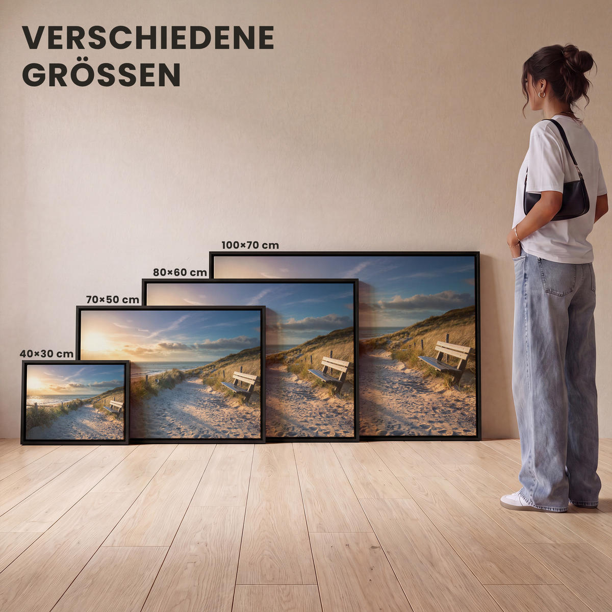 LEINWAND Bilder mit Rahmen - Sonnenuntergang - Strand - Düne - Gras - Ufer - 100x70 - Sandfarben, Textil (100/70cm) - MuchoWow