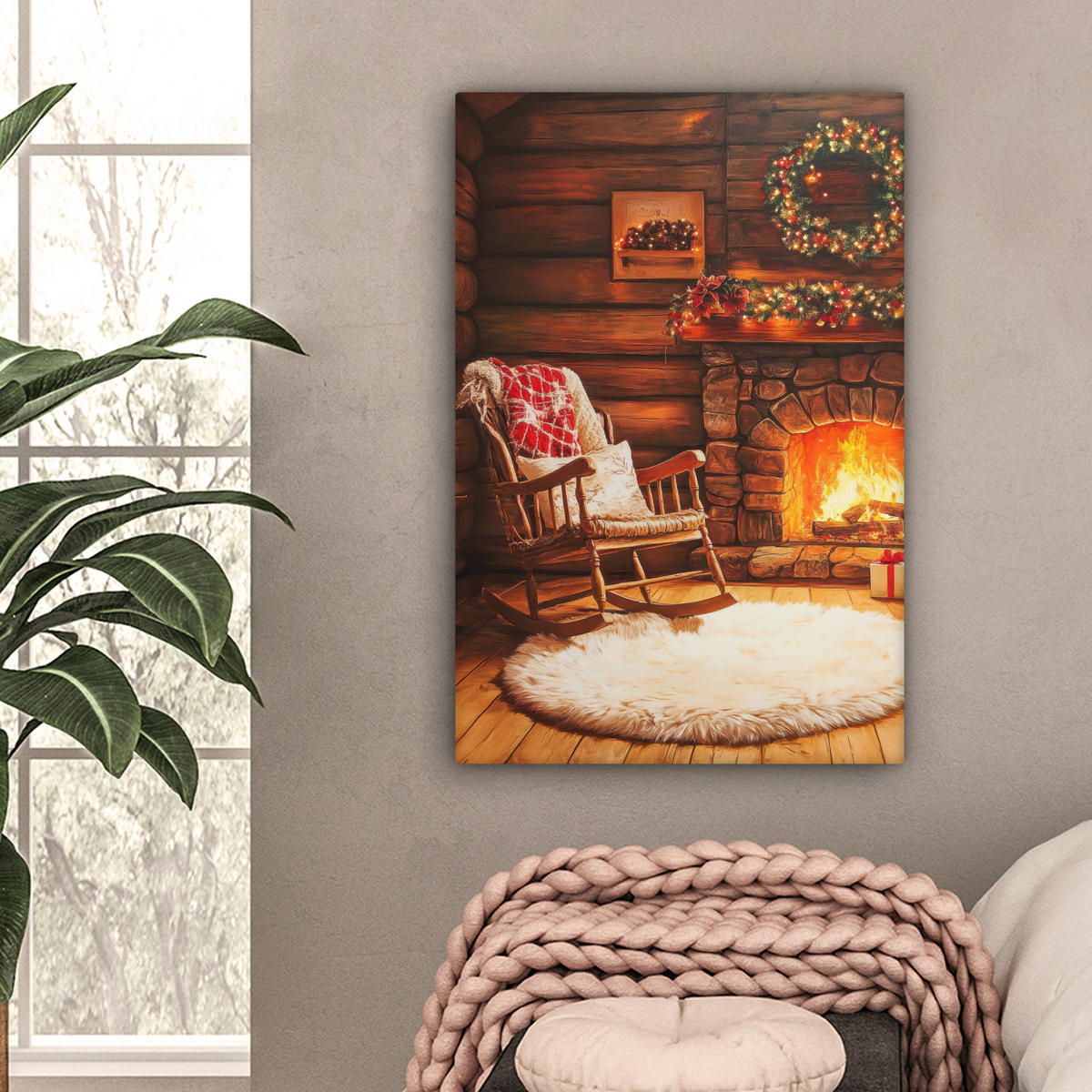 LEINWANDBILD Winter - Weihnachten - Zuhause - Kamin 60x90 cm - Bernsteinfarben, Textil (60/90cm) - MuchoWow