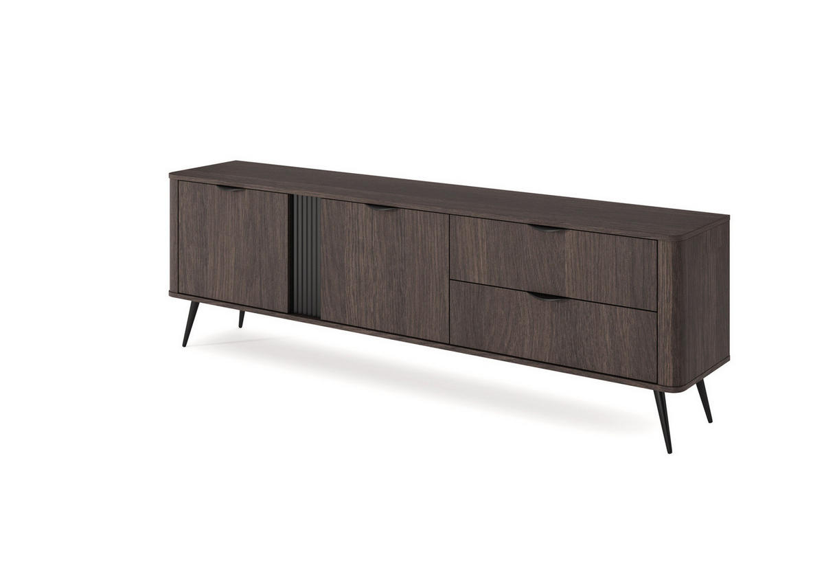 TV-LOWBOARD Terzo 2D 2S Eiche Dunin mit Rillendekor - Schwarz Metallfüße - Eichefarben/Schwarz, Holz/Holzwerkstoff (195/61/38cm) - Ravio
